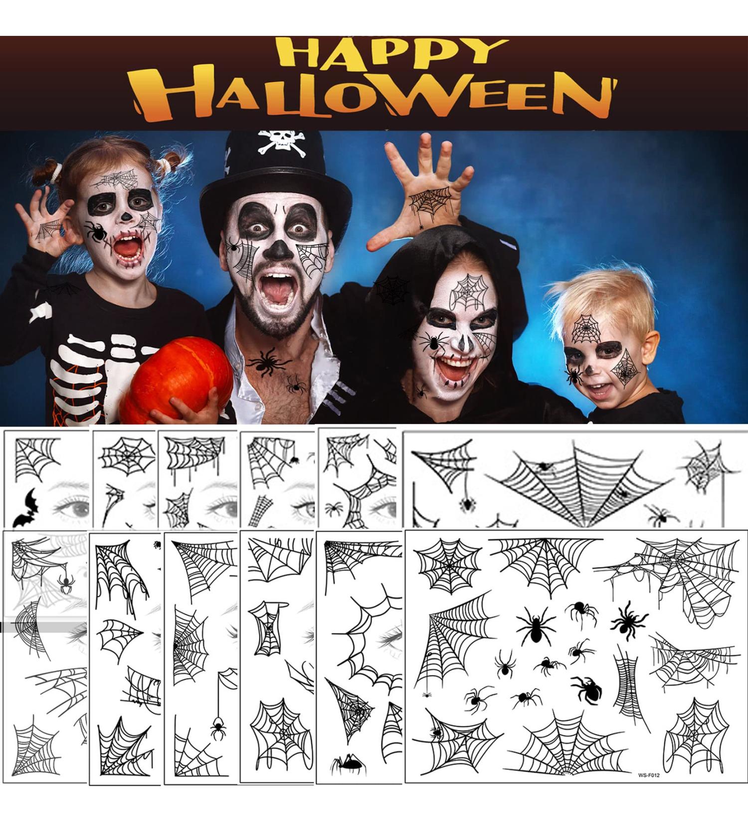 Halloween Spider Web Temporary Tattoos Kit - Waterproof Body and Face Stickers (12 Sheets) - Adults & Kids Costume Makeup - Buy Online on GoSupps.com