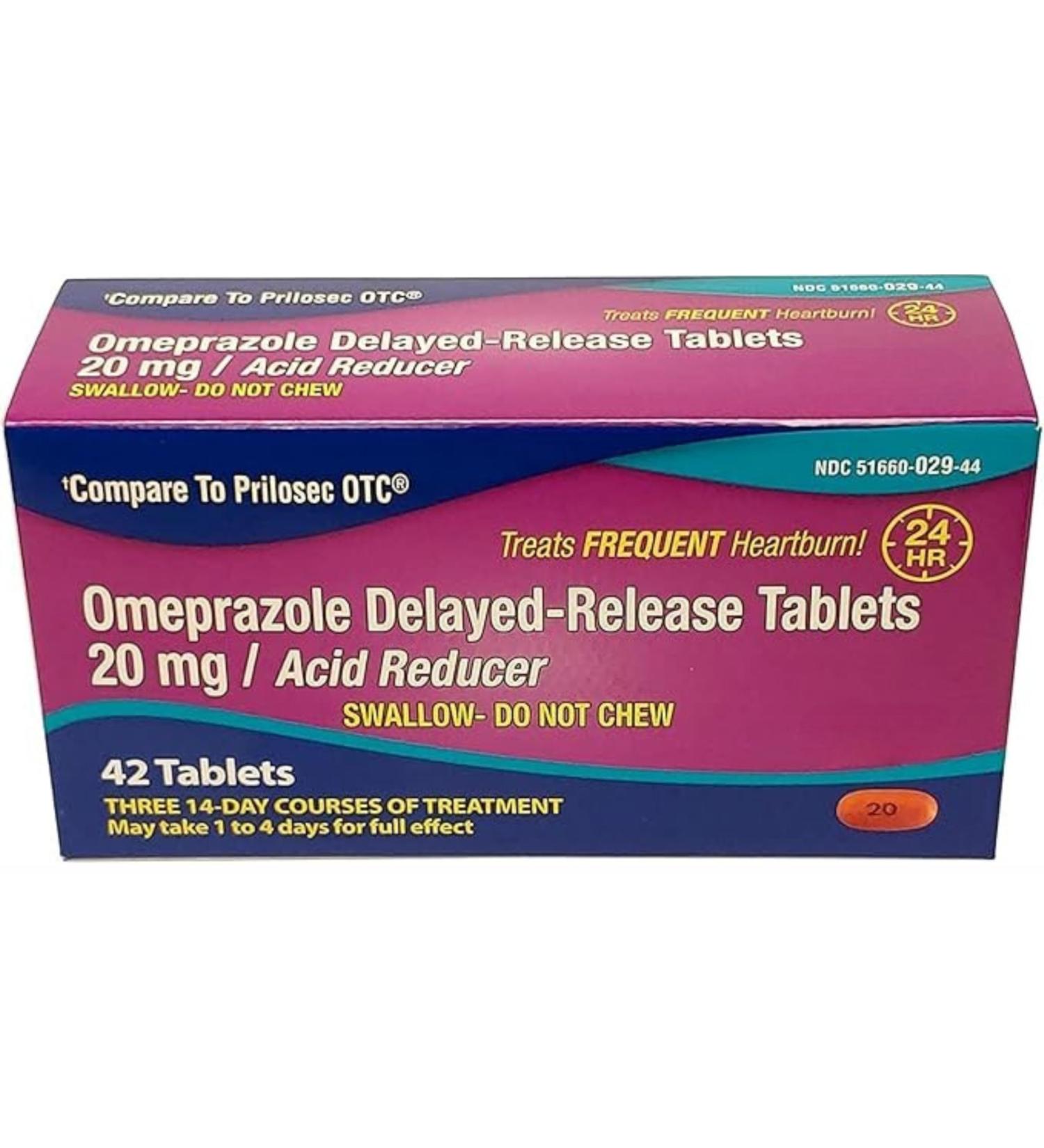 Omeprazole 20mg 42 Delayed-Release Tablets Acid Reducer for Frequent Heartburn 24-Hour Relief Heartburn Medicine Helps Relieve Stomach & Chest Discomfort Bulk Prime 42 Count
