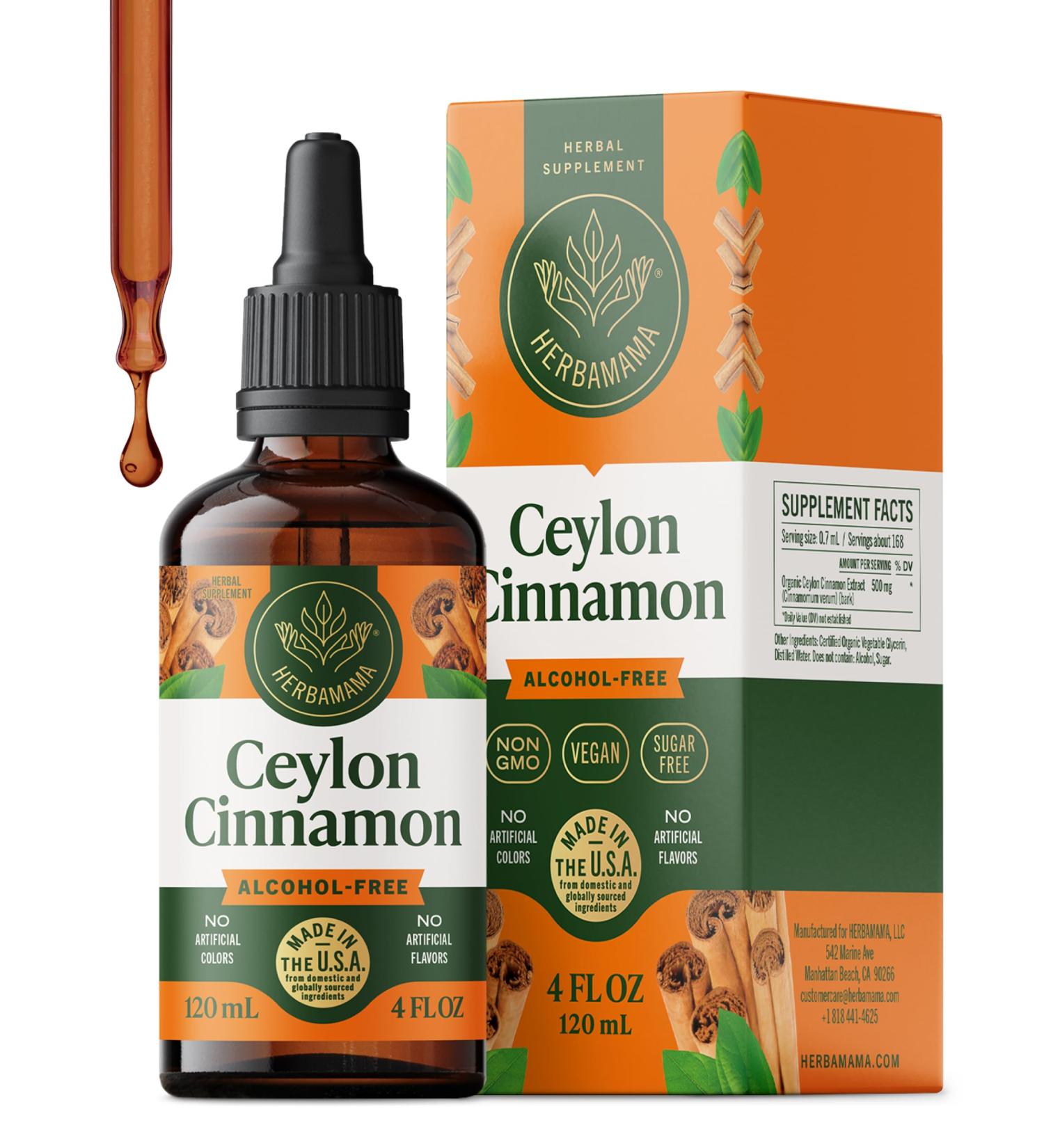 HERBAMAMA Cinnamon Drops - Vegan Antioxidant & Overall Support with Ceylon Cinnamon Extract Liquid Tincture - Non-GMO Alcohol & Sugar-Free Supplement 84-Day Supply 4 Fl Oz (Pack of 1) - Buy Online on GoSupps.com