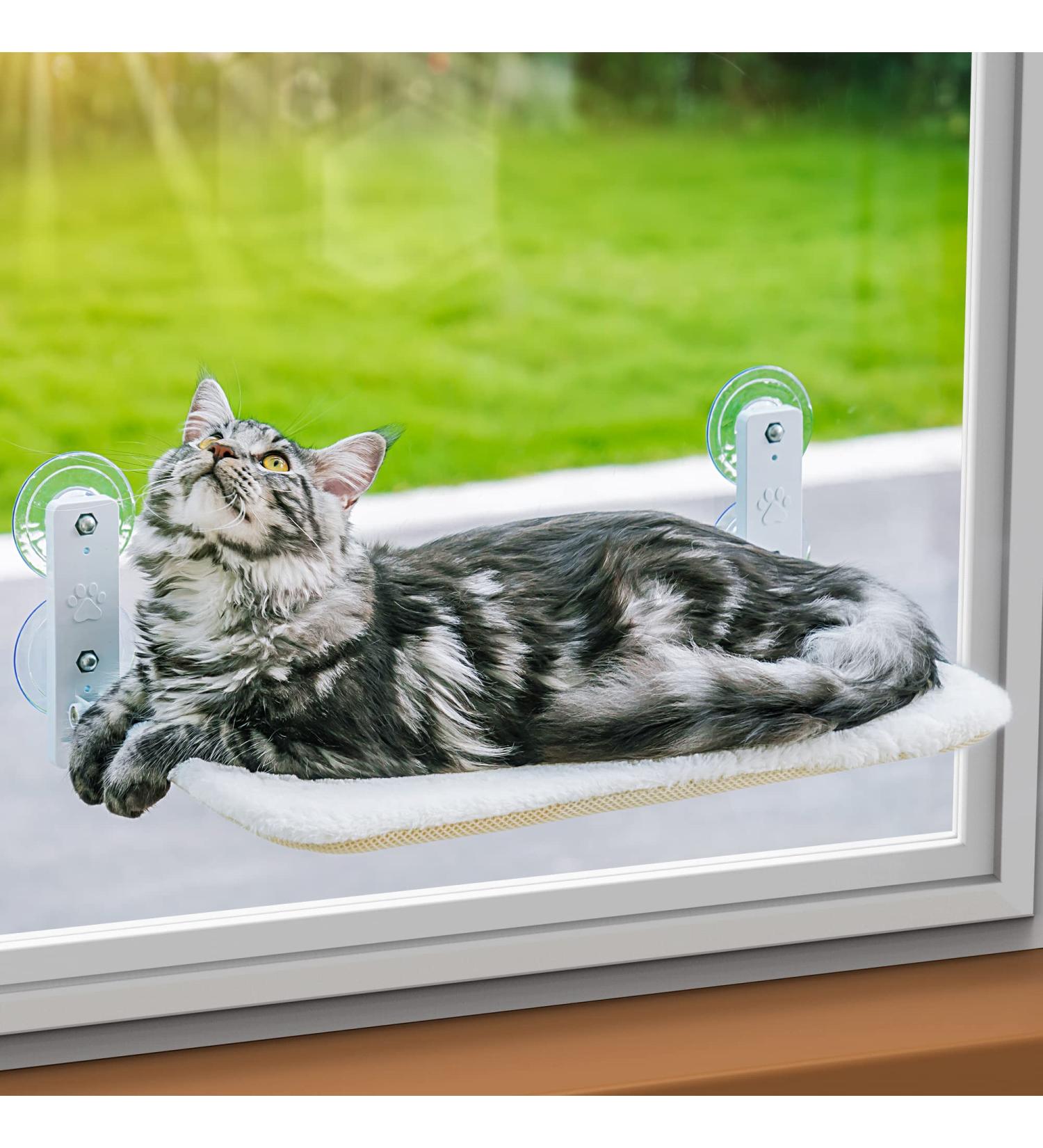 Durable Cat Window Perch Hammock Seat - Reversible Mat, Foldable Bed for Indoor Cats - All-Season Sunbathing Spot - Holds Up to 40 lbs - Beige - Buy Online on GoSupps.com