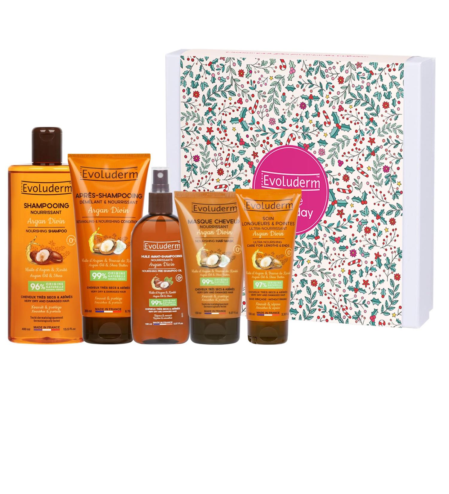  Evoluderm EVOLUDERM Divine Argan Conditioner + Nourishing Shampoo + Detangling Conditioner + Long & Tip Care + Mask 150 ml + Scrunchie Gift Made in France (Christmas) - Buy Online on GoSupps.com