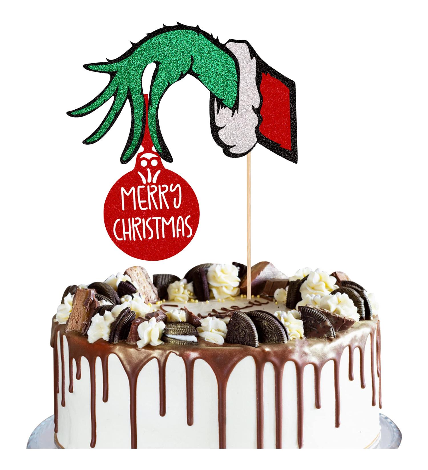 Xsstarmi 1 Pack Merry Christmas Cake Topper with Red and Green Glitter Grinch Christmas Cake Pick Merry Christmas Theme Party Sign Cake Decorations Supplies Design 1 - Buy Online on GoSupps.com