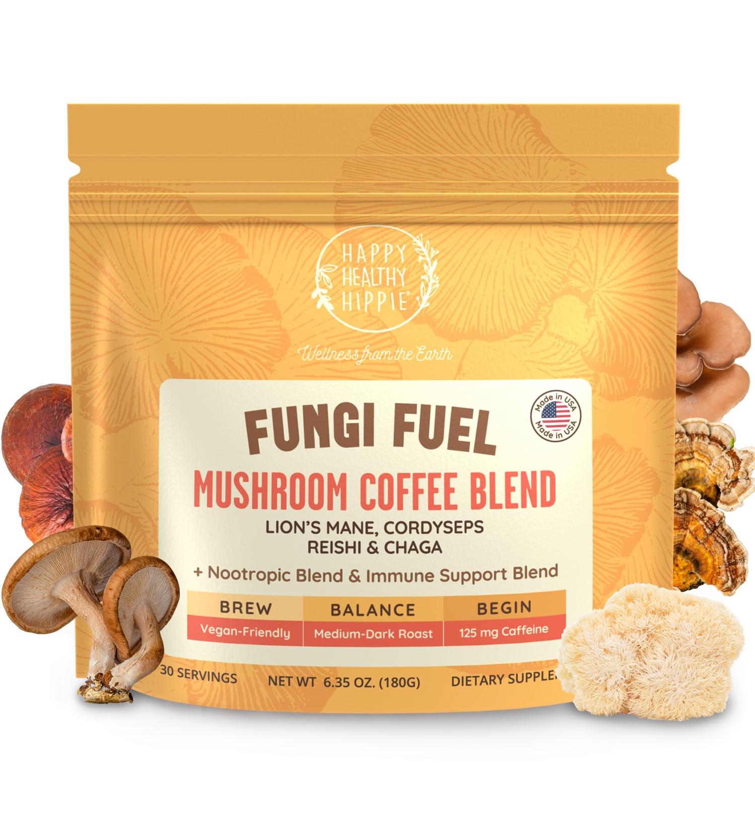 Happy Healthy Hippie Mushroom Coffee Instant with 125mg Caffeine Lion s Mane Cordyceps Reishi & Chaga | Adaptogen Nootropic Instant Mushroom Coffee for Energy & Focus | Medium Roast 30 Servings - Buy Online on GoSupps.com