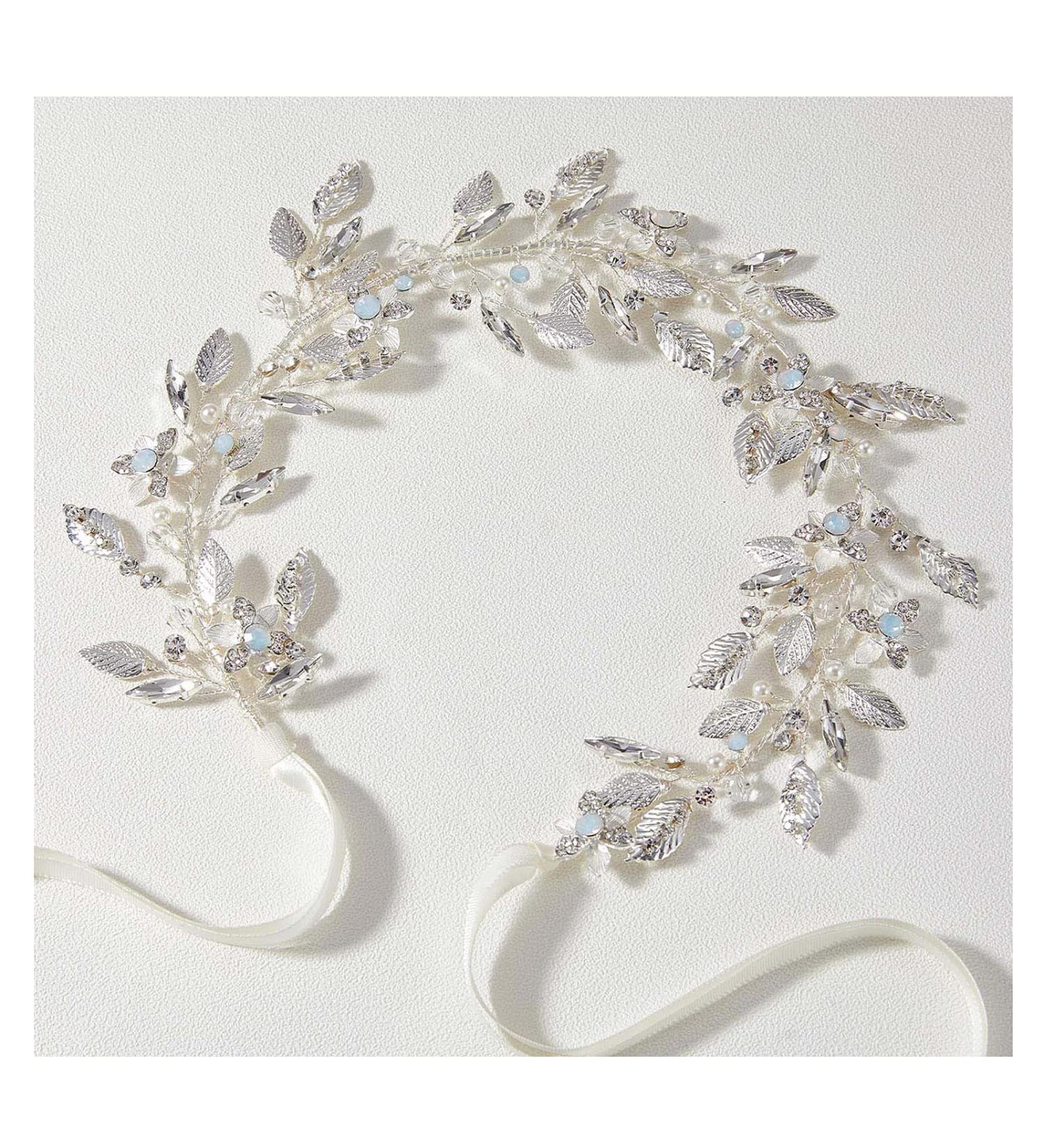 SweetV Flower-Leaf Bridal Headpiece | Wedding Hair Accessory for Brides | Rhinestone Opal Headband | Silver Flower Girl Bridesmaid Piece - Buy Online on GoSupps.com