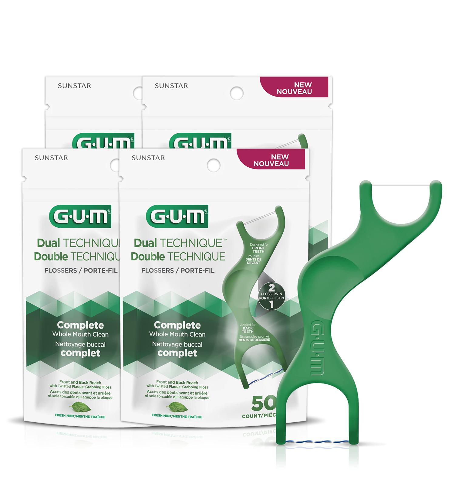Gum Dual Technique Flosser Picks Complete Whole Mouth Clean Front and Back Reach with Twisted Plaque-Grabbing Floss Fresh Mint Flavour Forest Green 4 Bags X 50ct (200 Flossers) Dual Technique 50 Count (Pack of 4) - Buy Online on GoSupps.com