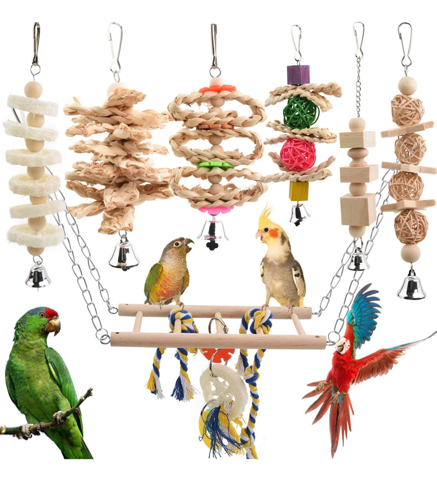 Onebarleycorn Budgie & Parrot Toy Set - 7 Wooden Bird Toys Swings & Canaries for Happy Pet Playtime - Buy Online on GoSupps.com