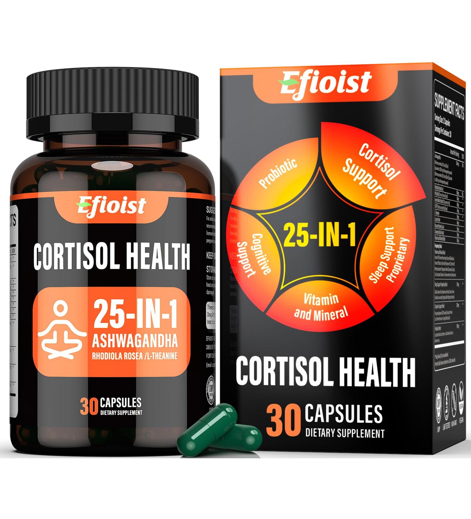Efioist Cortisol Supplement for Women 25-in-1 Cortisol Reducer for Women & Men Cortisol Supplements for Men with Ashwagandha Rhodiola Rosea L-Theanine for Mood Focus Sleep Support 30 Capsules - Buy Online on GoSupps.com