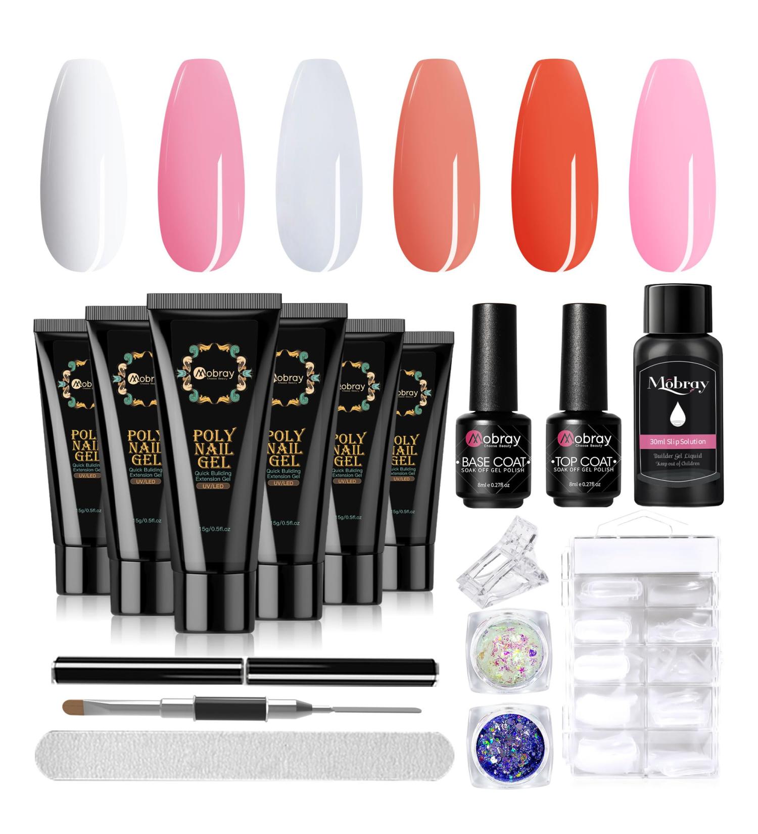 Mobray Pink Clear Poly Nail Gel Kit - 6 Color Builder Set for Beginners | Includes Slip Solution, Base & Top Coat | Nail Art Starter Kit - Buy Online on GoSupps.com