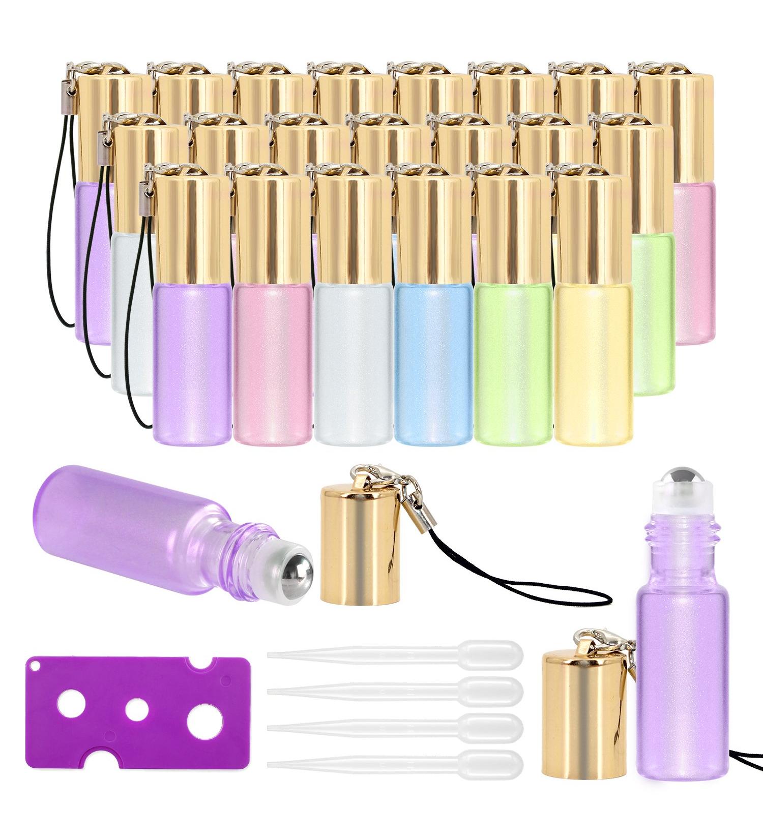 Mavogel Pearl Glass Roller Bottles - 24 Pack 5ml with Stainless Steel Roller Balls - Essential Oil Key Opener and Droppers Included - Buy Online on GoSupps.com