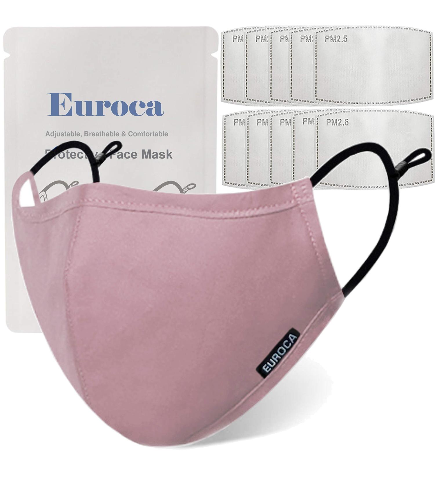Euroca Cloth Face Mask 3 Layer Reusable Washable Adjustable with Filter Pocket for Adult -1 Mask with 10 Filters Mauve Small - Buy Online on GoSupps.com