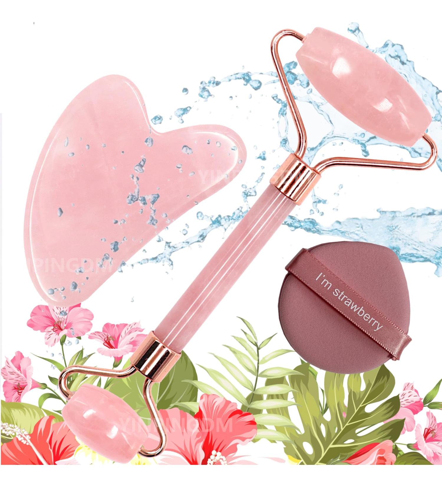 Rose Face Roller & Gua Sha Set - Natural Beauty Skin Care Tools for Anti-Aging Puffiness Reduction & Facial Massage - Dual-Sided Powder Puff - Buy Online on GoSupps.com