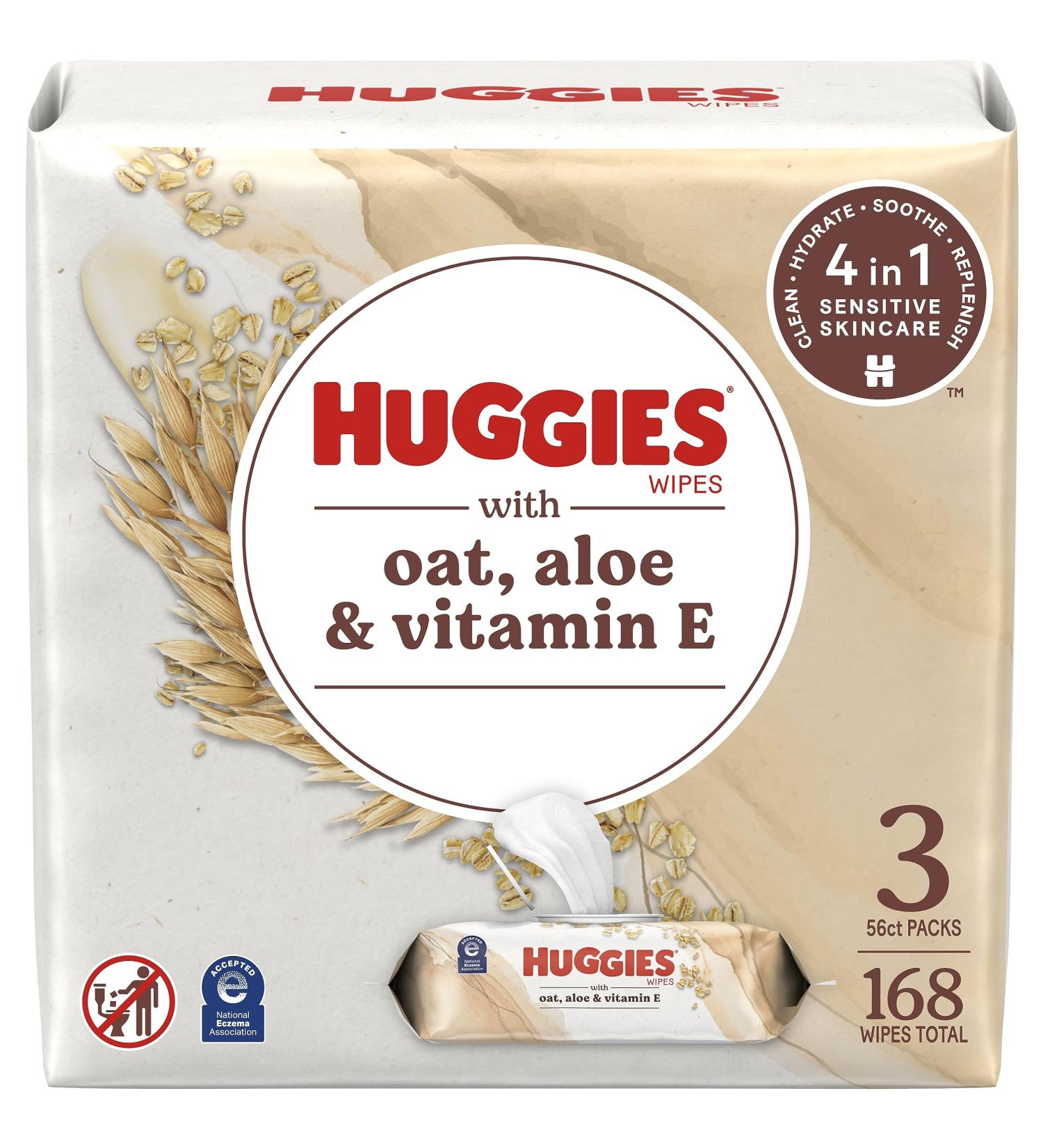 Huggies Wipes with Oat Aloe & Vitamin E Unscented 3 Push Button Packs (168 Wipes Total) - Buy Online on GoSupps.com