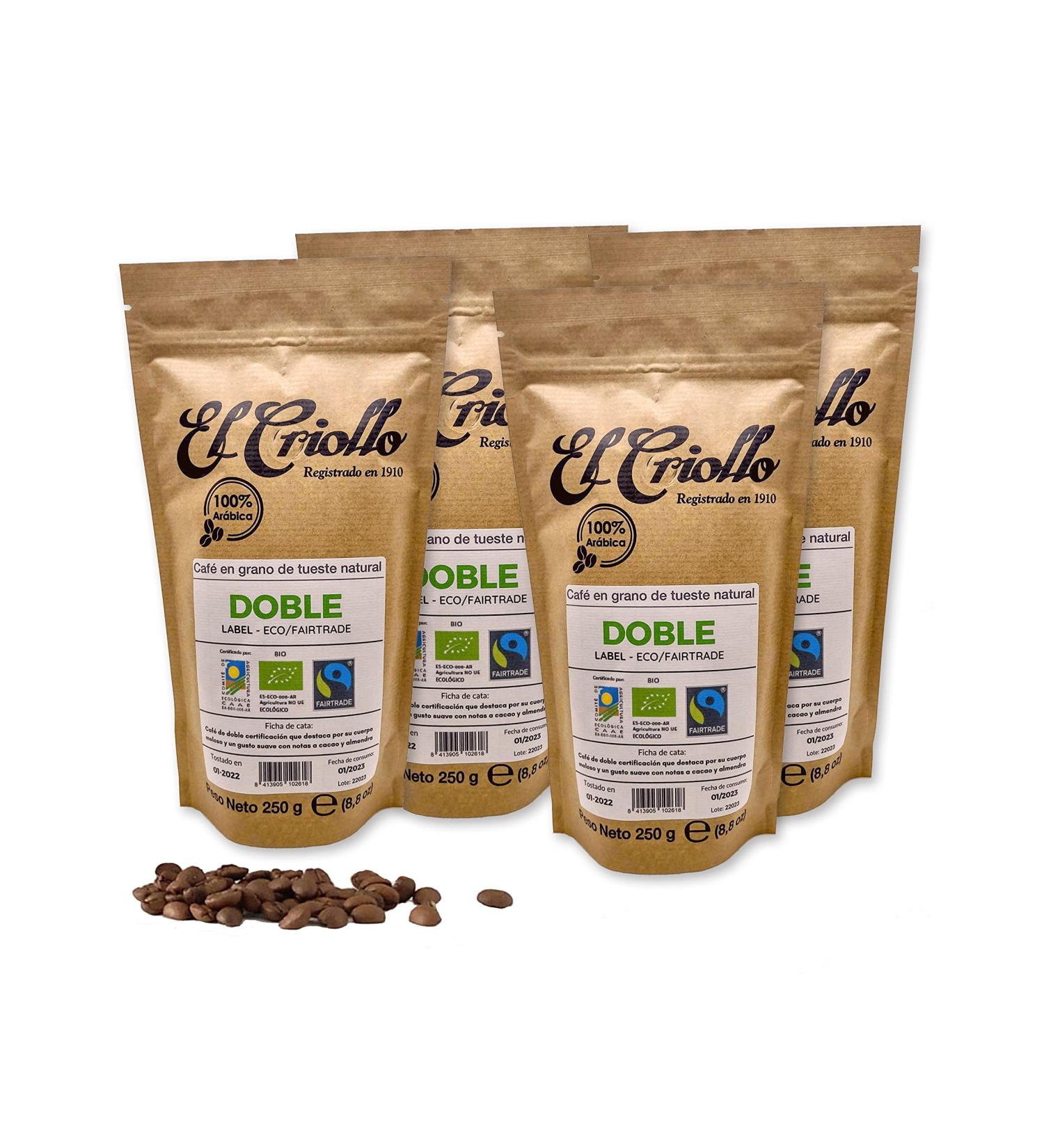 Caf Biologique et Equitable EN GRAINS | 'Double Label' - Caf s El Criollo | 100% Arabica et torr fi naturellement | Sceau du commerce quitable | Paquet de 4x250gr. (1 KG) - Buy Online on GoSupps.com