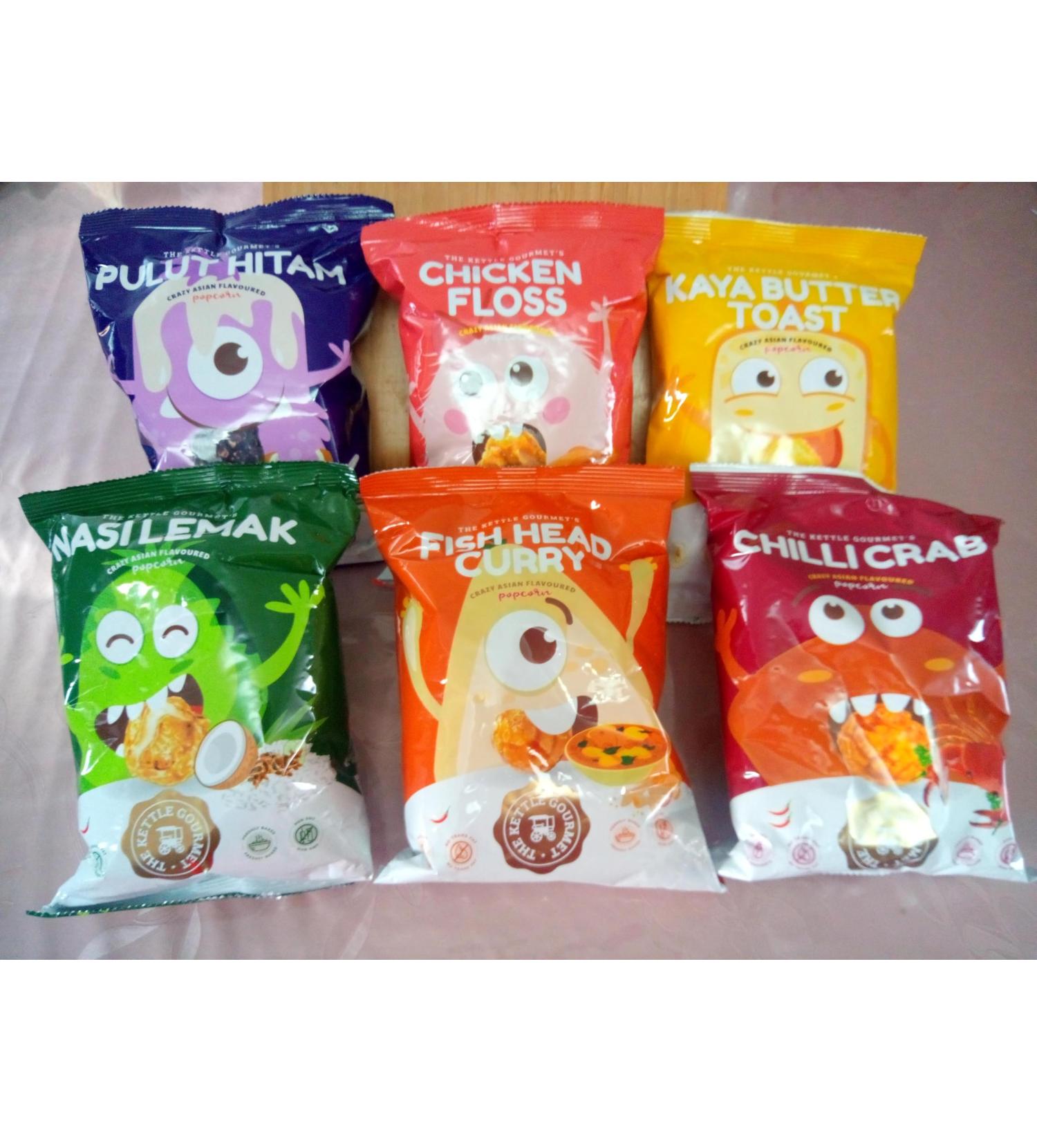 The Kettle Gourmet Crazy Asian Flavored Popcorn Pack of 6 Chicken Fish Head Curry Pulut Hitam (Black Sticky Rice) Kaya Butter Bread Nasi Lemak Chilli Crab 65g Halal - Buy Online on GoSupps.com