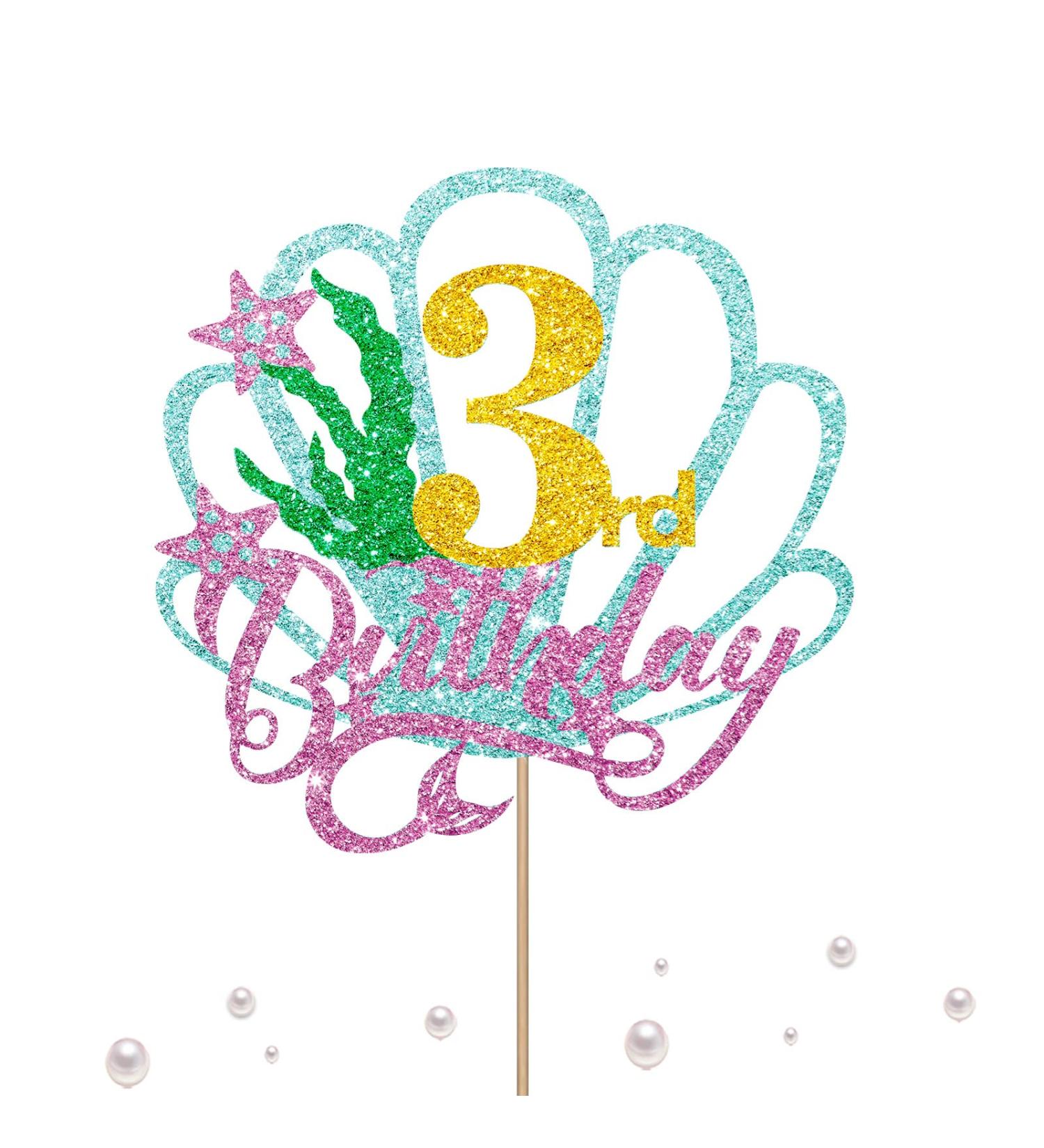 Mermaid Three Cake Topper Happy 3rd Birthday Cake Decor for Baby Girl Little Mermaid Birthday Party Decoration Under the Sea Themed Party Supplies - Gold Glitter - Buy Online on GoSupps.com