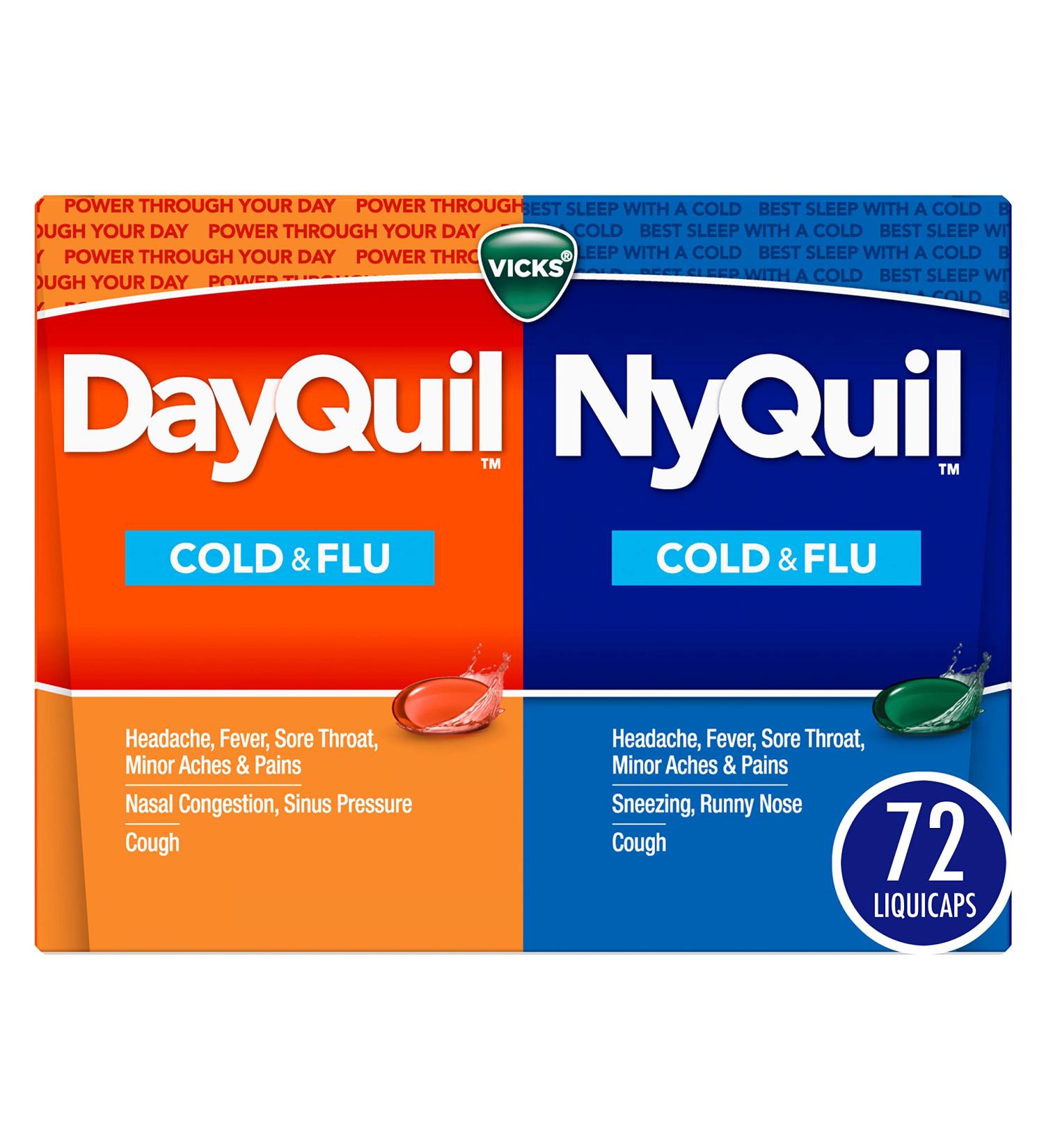 Vicks DayQuil NyQuil LiquiCaps 72 Count - Cold & Flu Relief Capsules for Sore Throat, Fever, and Congestion - Day & Night Relief Pack - Buy Online on GoSupps.com