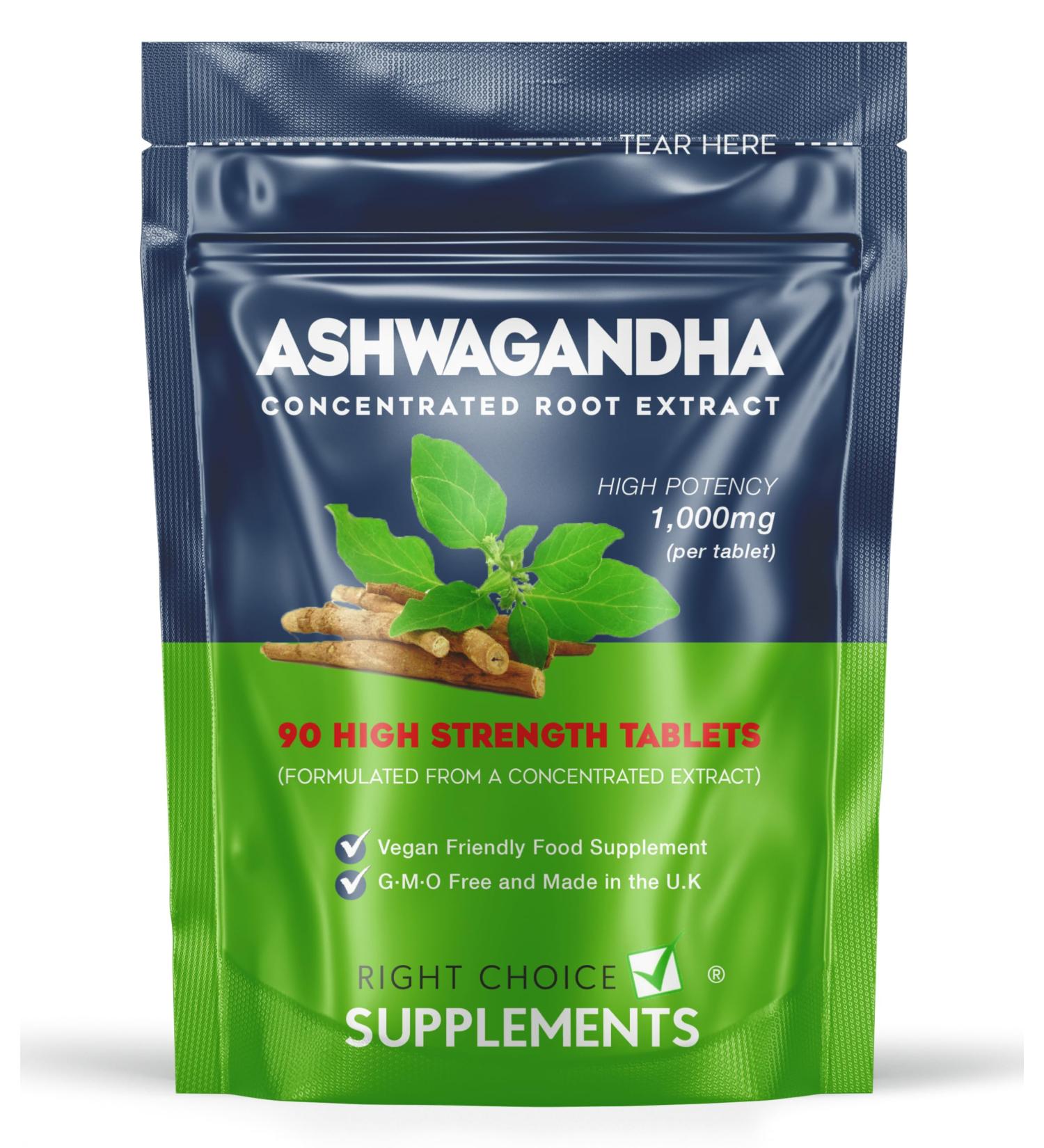 High Strength Ashwagandha 1000mg Supplement for Mood, Stress & Stamina - 90 Vegan Tablets - Made in the UK - KSM-66 Ayurveda Root Extract - Buy Online on GoSupps.com