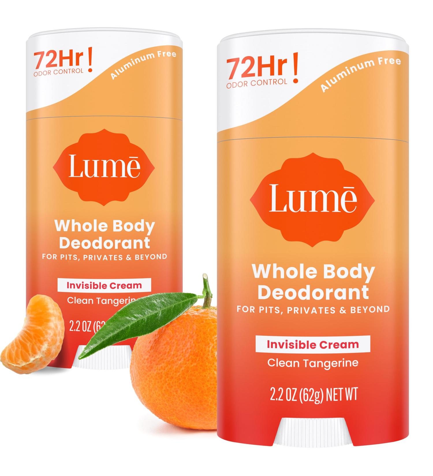 Lume Whole Body Deodorant - Invisible Cream Stick - 72 Hour Odor Control - Aluminum Free Baking Soda Free Skin Safe - 2.2 Ounce (Pack of 2) (Clean Tangerine) Clean Tangerine 2.2 Ounce (Pack of 2) - Buy Online on GoSupps.com