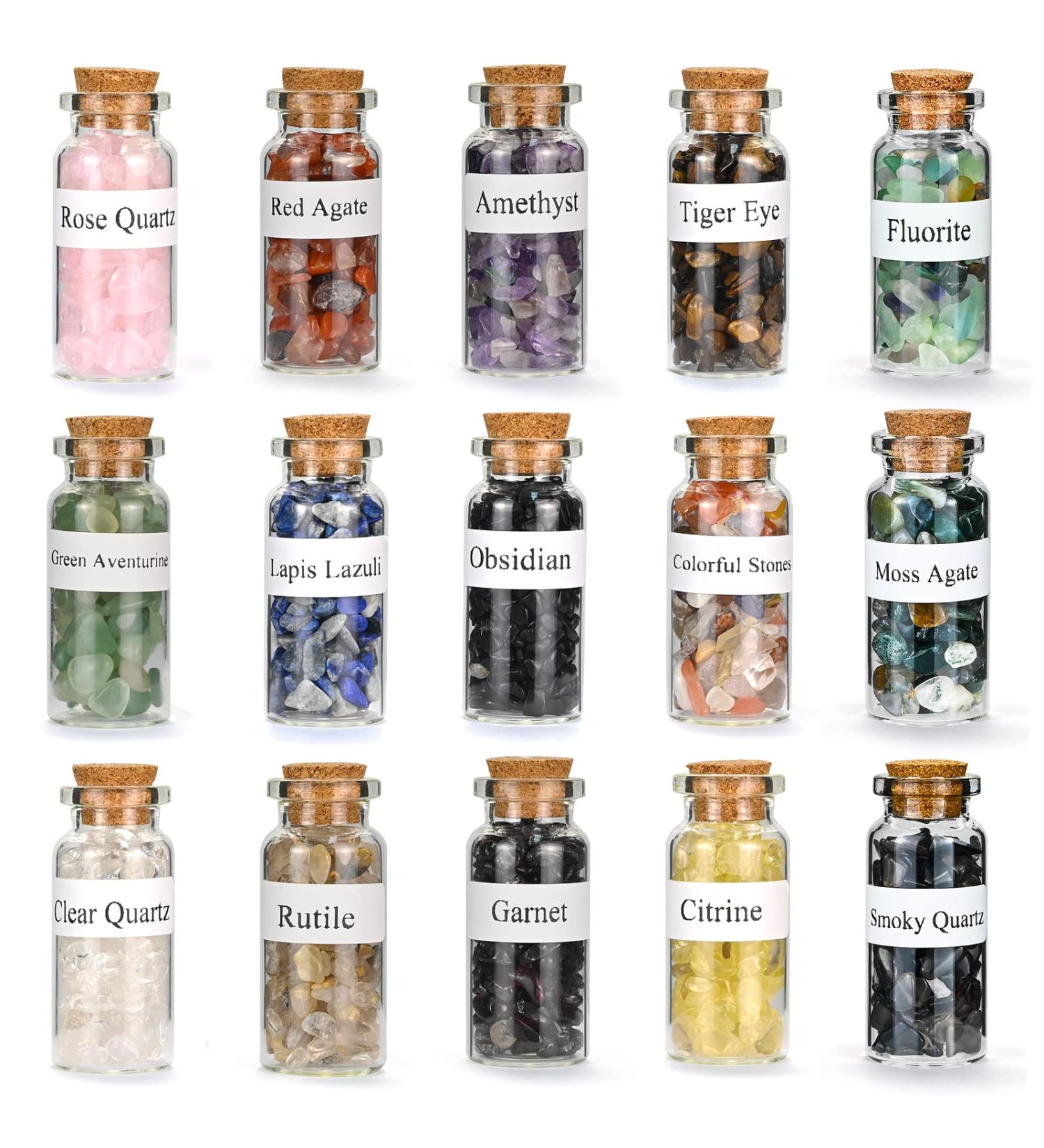 15Pcs Healing Crystal Gemstone Bottles Set - Natural Quartz Gravel Wishing Bottle Kit for Reiki Healing, Meditation & DIY Decor - 15 Colors - Buy Online on GoSupps.com