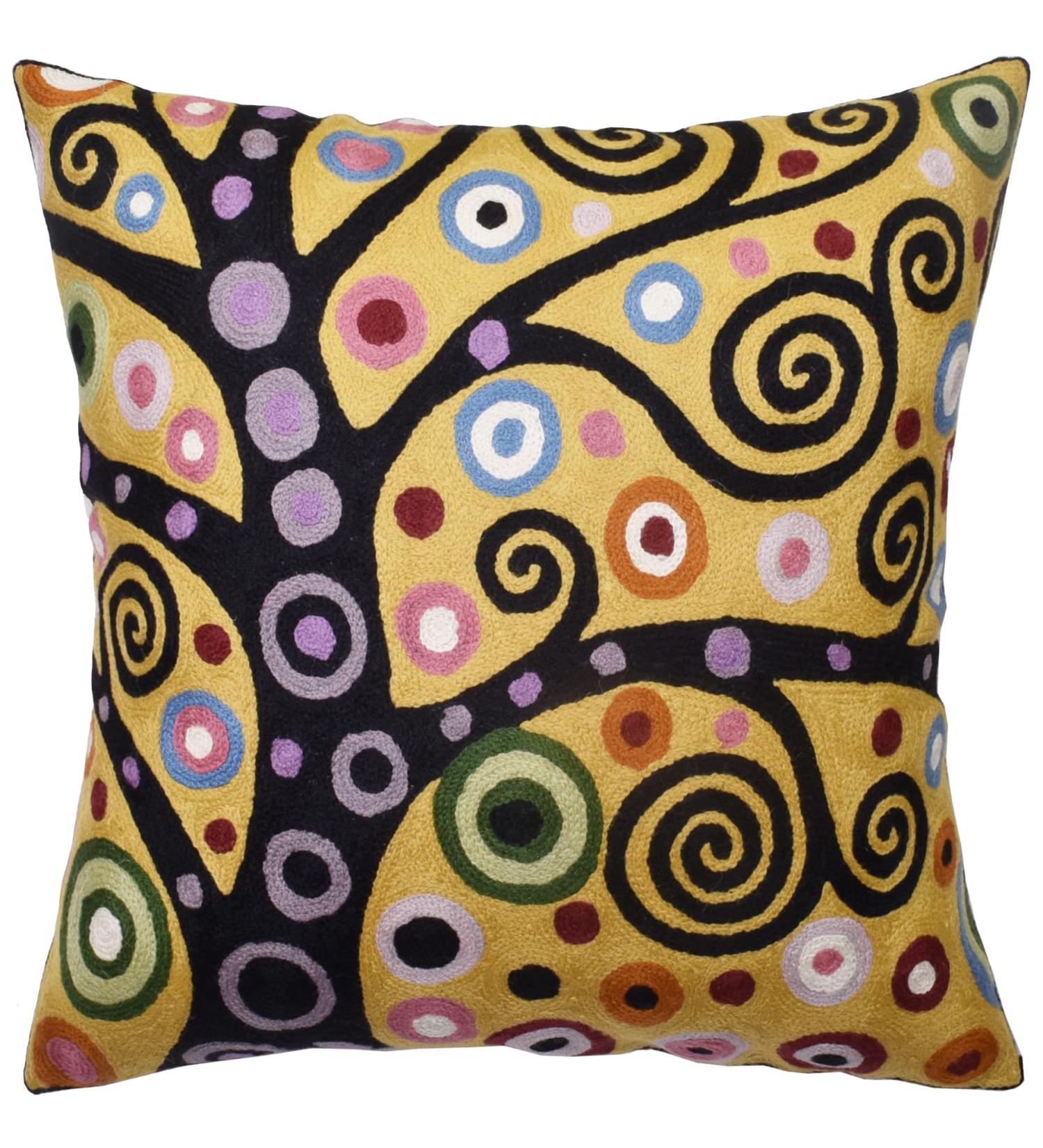 Hand-Embroidered Kashmir Designs Tree of Life Pillow Cover | Yellow Gold Floral Suzani Cushion 18x18 - Buy Online on GoSupps.com
