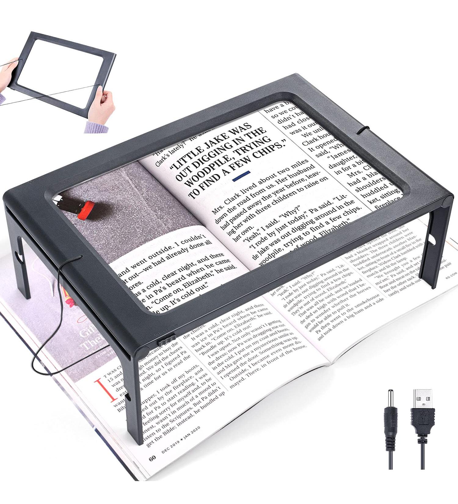 3X Large Lighted Magnifying Glass with 12 LED Lights | Foldable Hands-Free Reading Magnifier for Low Vision and Seniors - Black - Buy Online on GoSupps.com