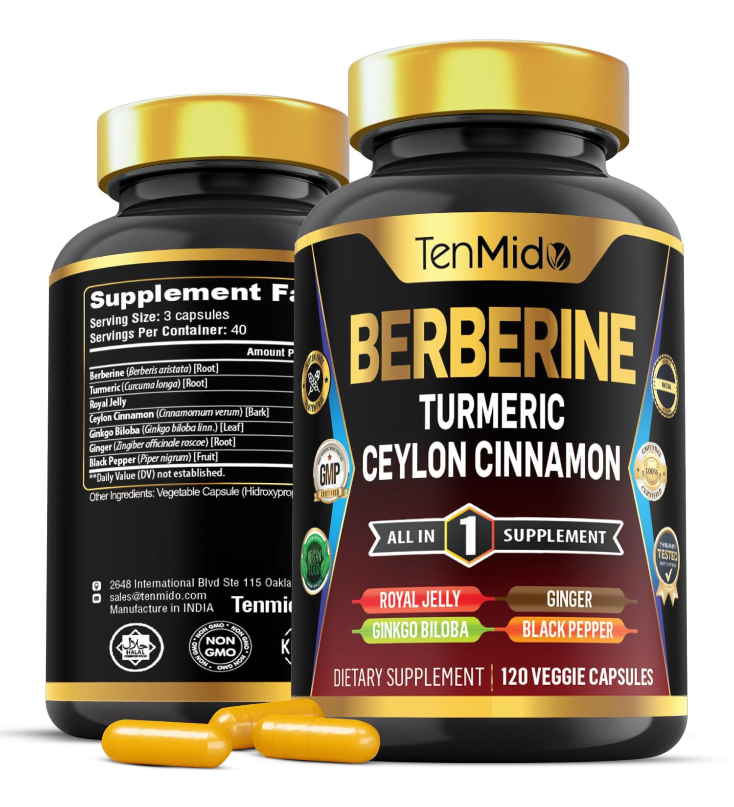 Tenmido Berberine Supplement - 7in1 Formula - Combine with Turmeric Royal Jelly Ceylon Cinnamon Ginkgo Biloba Ginger & Black Pepper - Digestive Health Immune Support - 120 Capsules - Buy Online on GoSupps.com