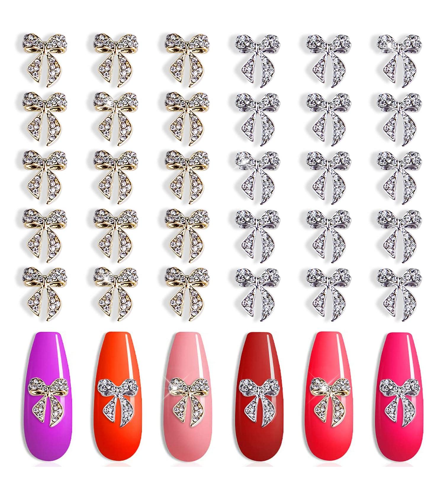30 Pieces Gold & Silver Alloy Bow Nail Charms with Clear Rhinestone - Nail Art Studs for Women & Girls - Buy Online on GoSupps.com
