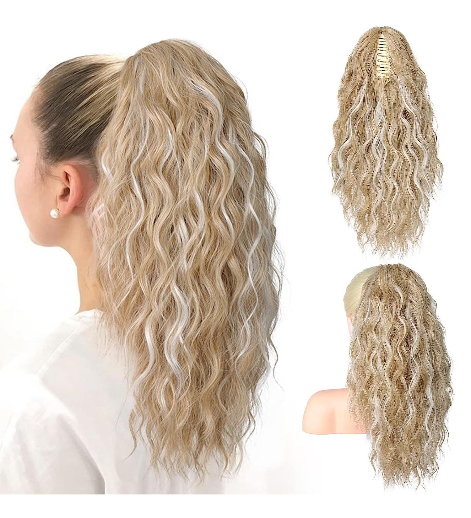 PORSMEER Ponytail Extension Claw Clip Ponytail Hair Extensions Blonde highlights Natural Looking Long Curly Wavy Multi Layered Fluffy Synthetic Hairpiece for Women Girls Daily Wear or Party 18inch Ash Blonde with Highlights - Buy Online on GoSupps.com