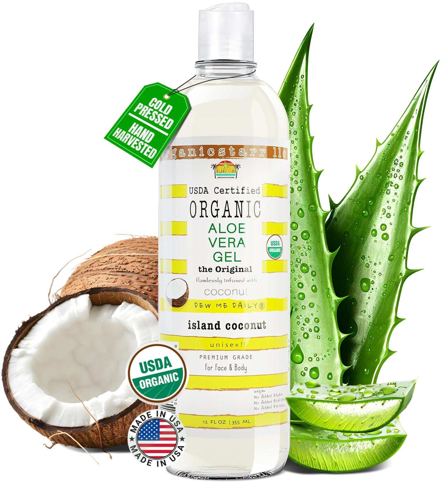 USDA Organic Aloe Vera Gel 12 oz - 100% Pure Cold Pressed Coconut Infused - Best Skin & Hair Care | Made in USA - Buy Online on GoSupps.com