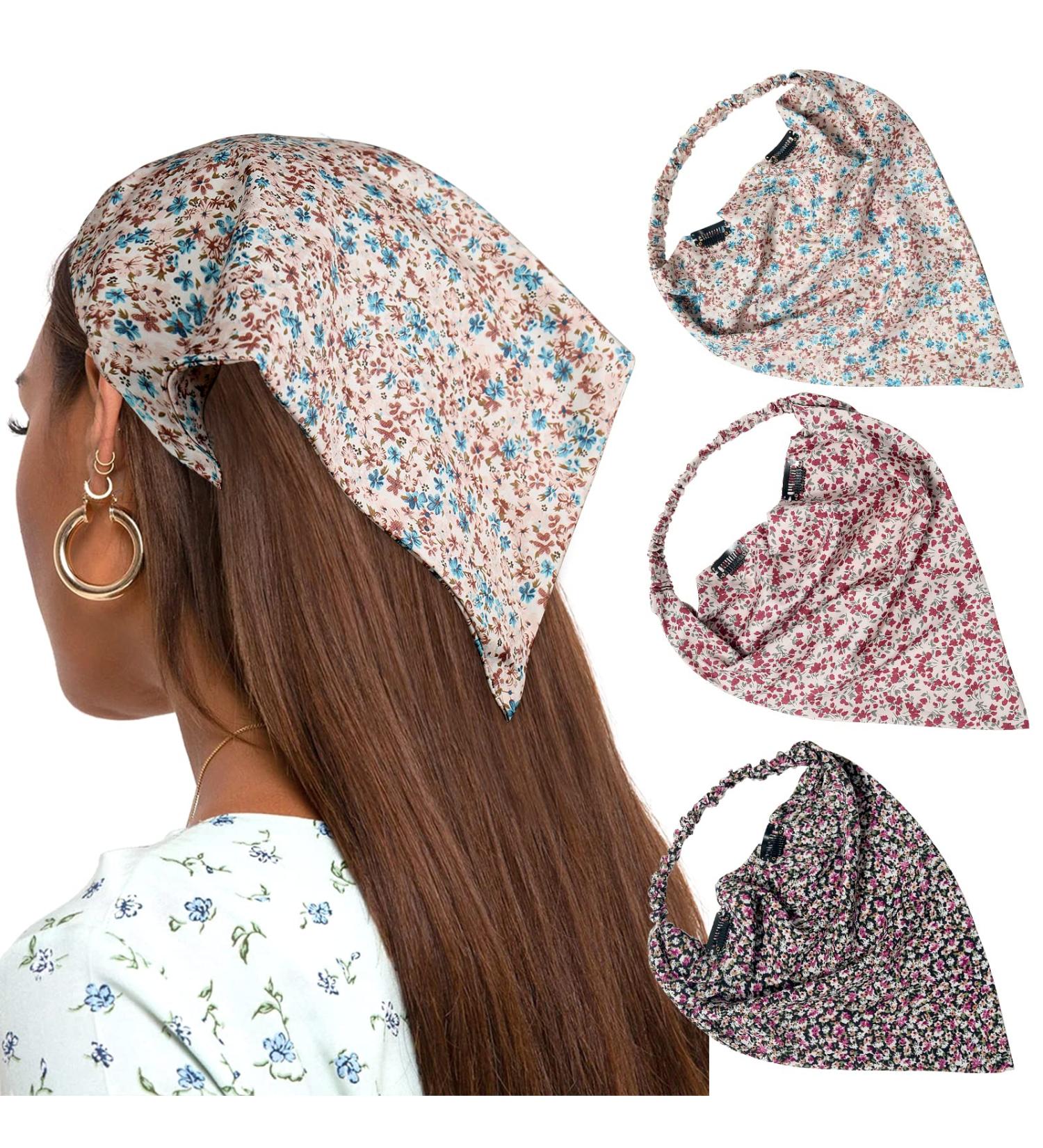AWAYTR Floral Elastic Hair Scarf Headband 3PCS - Chiffon Head Kerchief Set with Hair Clips in Pink/Beige/Red - Buy Online on GoSupps.com