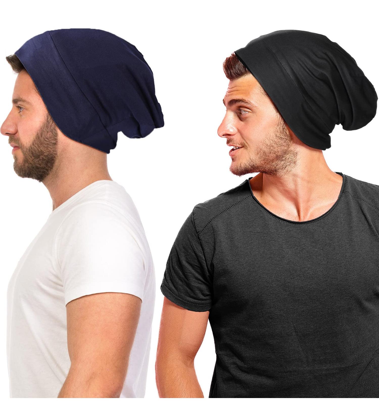 2-Piece Silk Satin Bonnet Set for Men with Natural Curly Hair - Black & Navy Blue - Buy Online on GoSupps.com