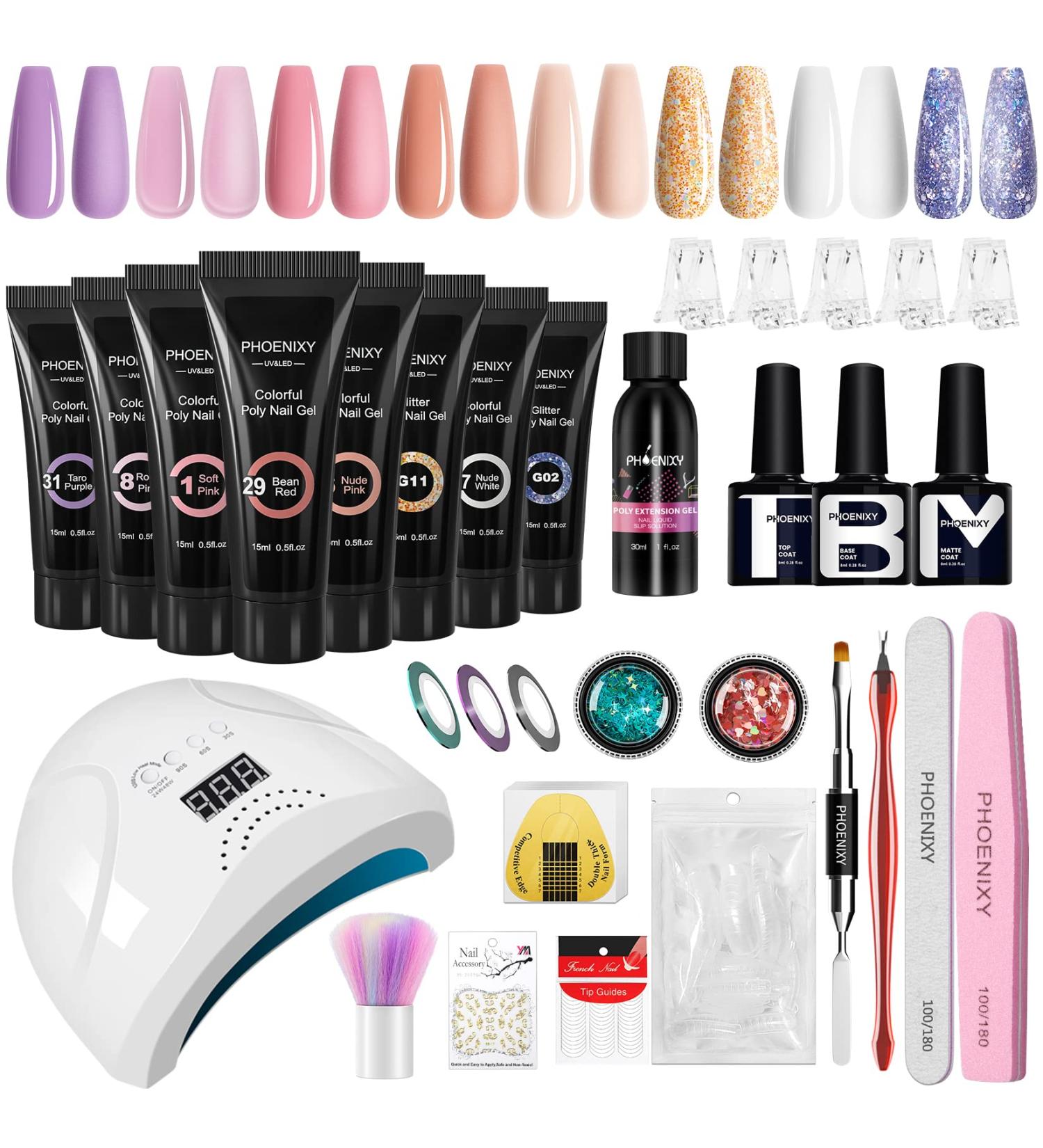 Phoenixy Poly Nail Gel Set 48W UV/LED Nail Extension Kit with 8 Colors Manicure Tools & Tips for DIY at Home Violet Style - Buy Online on GoSupps.com