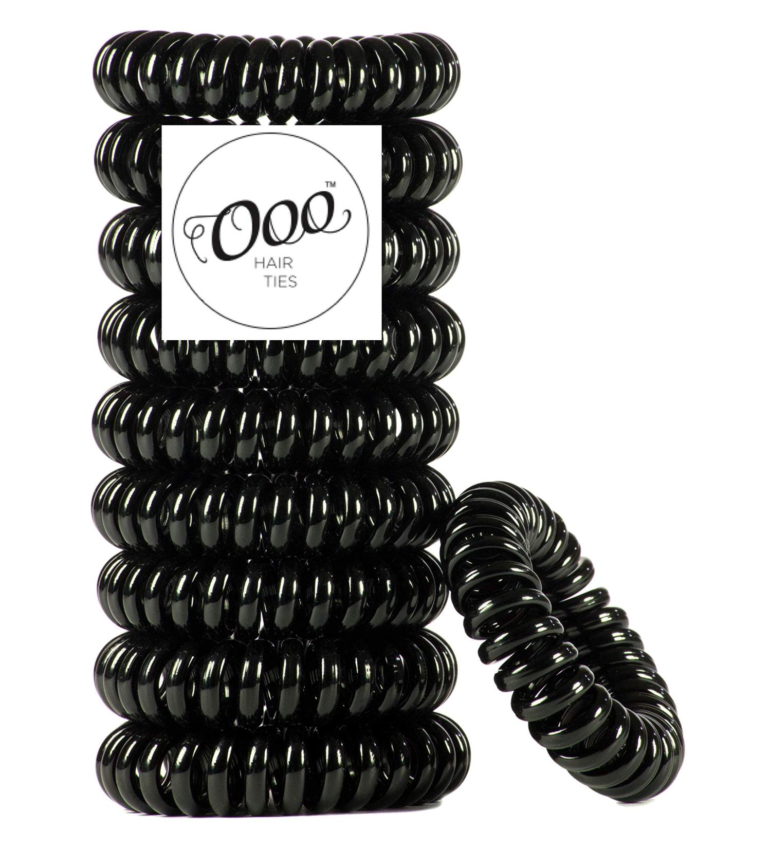 10 Pack Painless PATENTED OOO Hair Ties. Ponytail holder spiral coil traceless rubber bands. Best kids girls woman accessory all types of hair. Exercise work & everyday. LARGE SIZE (Black)