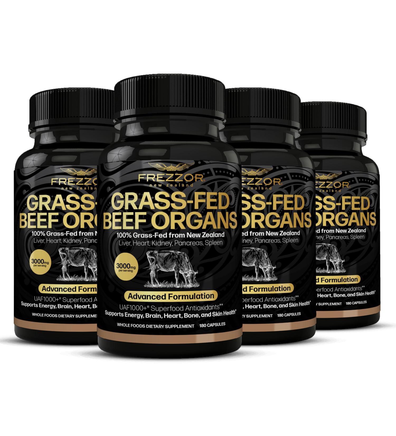 FREZZOR New Zealand 100% Live-Grass-Fed Beef Organs Complex Supports Whole Body Wellness and Energy with Proprietary Blend of Liver Heart Kidney Pancreas & Spleen Non-GMO 3000mg 720 Capsules