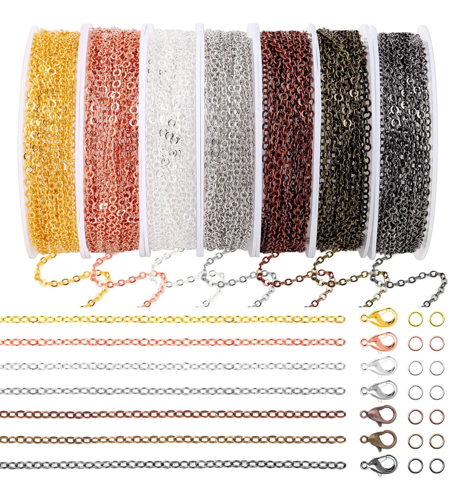 70ft Stainless Steel Jewelry Making Chains Kit - 7 Colors, 2mm Metal Chains with Jump Rings and Lobster Clasps for DIY Necklace, Bracelet, Anklet - Buy Online on GoSupps.com
