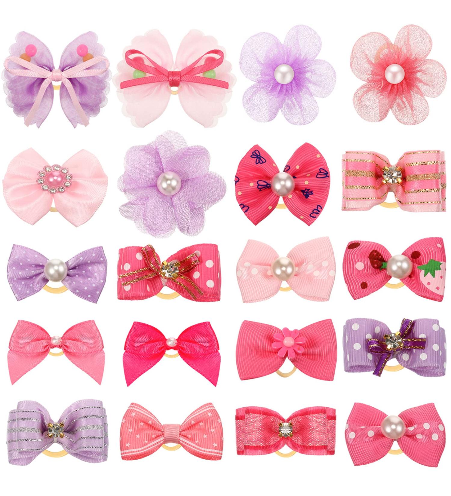 20 Pcs Handmade Cute Dog Hair Bows with Rhinestones and Pearls for Small Dogs - Grooming Accessories in Rose Pink and Purple - Buy Online on GoSupps.com