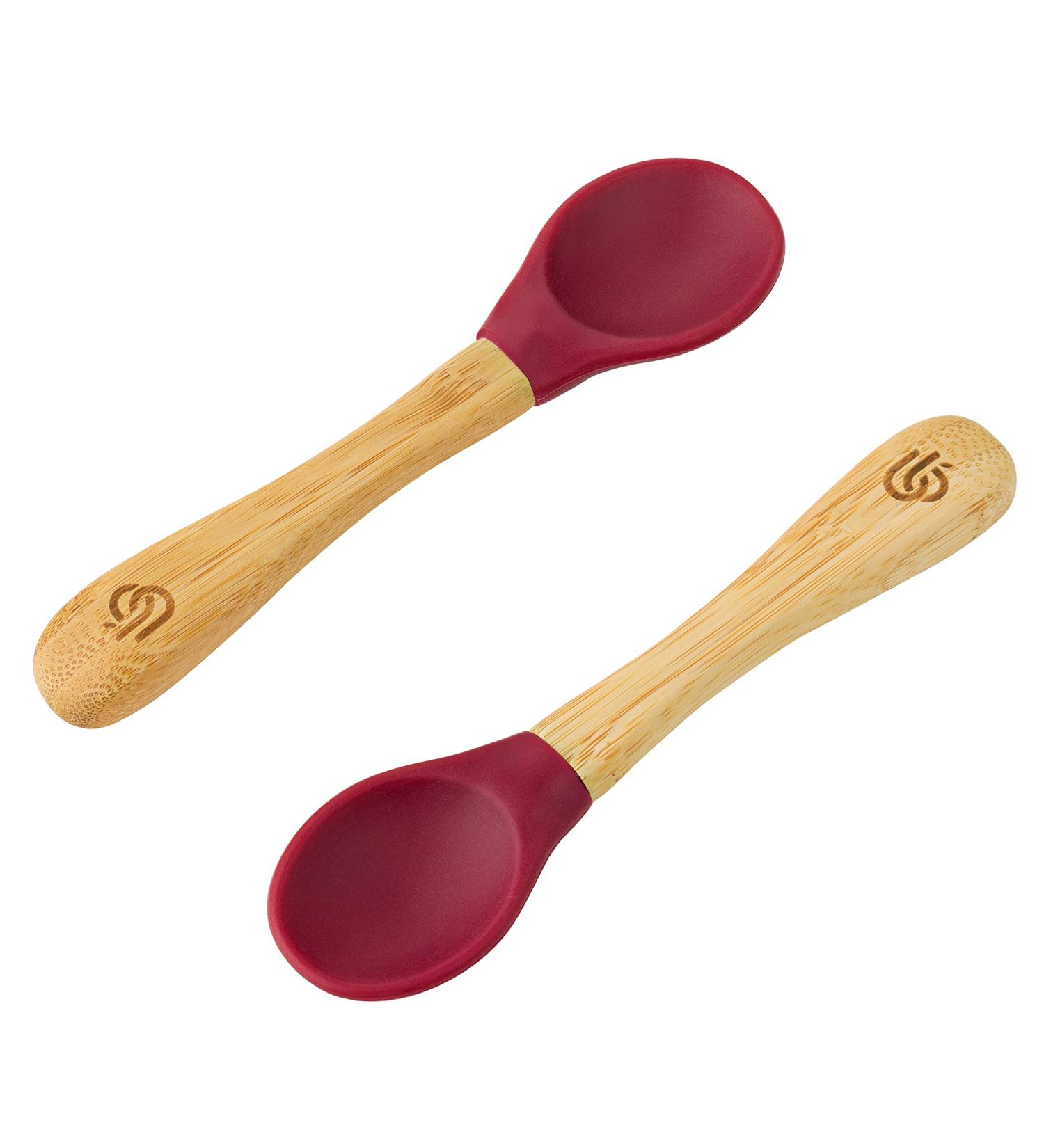bamboo bamboo Baby Weaning Spoons Set of 2 | Bamboo with Soft Silicone Tips | Ergonomic Easy Grip Handles | BPA-Free (Set of 2 Cherry)