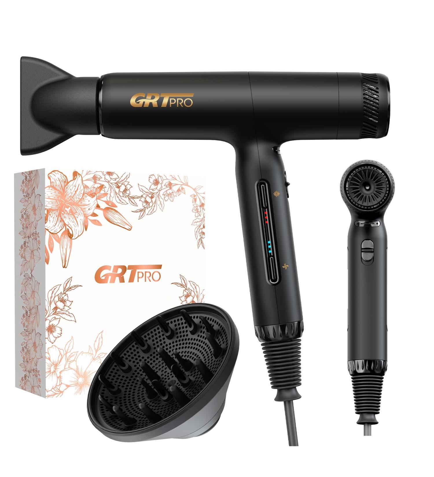 GRT PRO Hair dryer ion hairdryer 2200 W EC motor hair dryer 110000 rpm 320 g travel hair dryer ion hair dryer 200 million ionic hair dryer with diffuser 3 speeds 4 heat settings thermocontrol for hair salon home travel Black - Buy Online on GoSupps.com