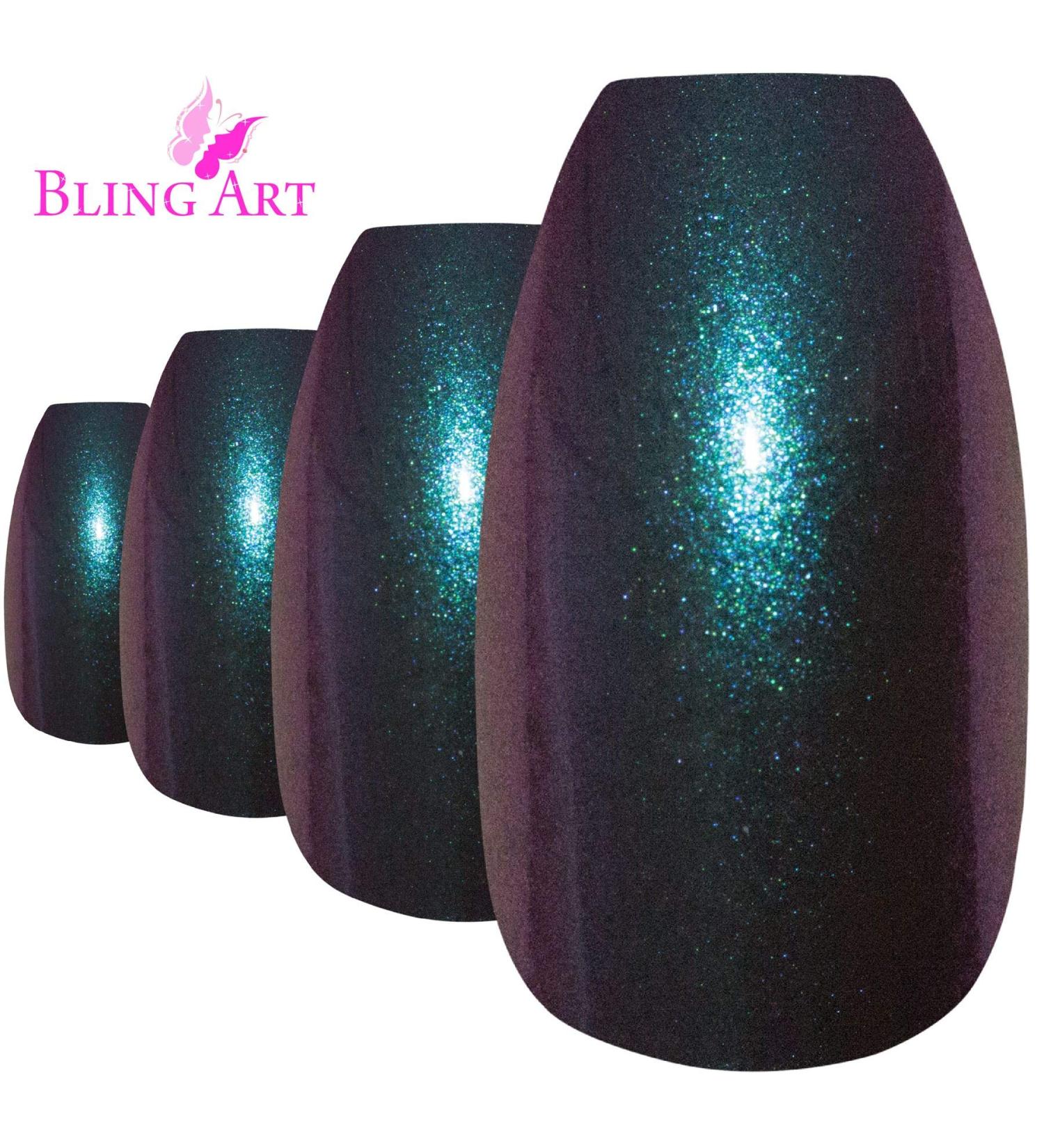 Bling Art Ballerina False Nails Fake Coffin Chameleon Green Purple Long Tips - Buy Online on GoSupps.com
