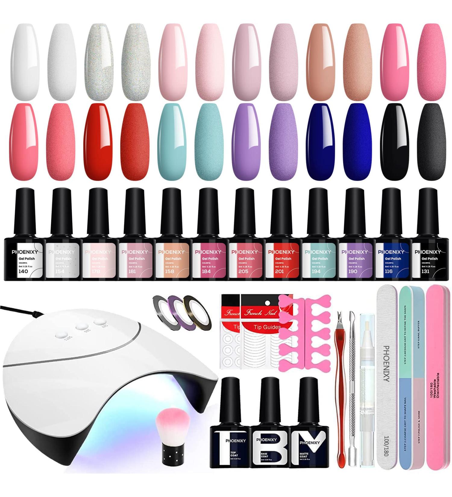 Phoenixy 12 Colors Gel Nail Kit with UV Lamp | Navy Blue & Pale Pink Series | Soak Off Gel Polish Set for Women - Buy Online on GoSupps.com