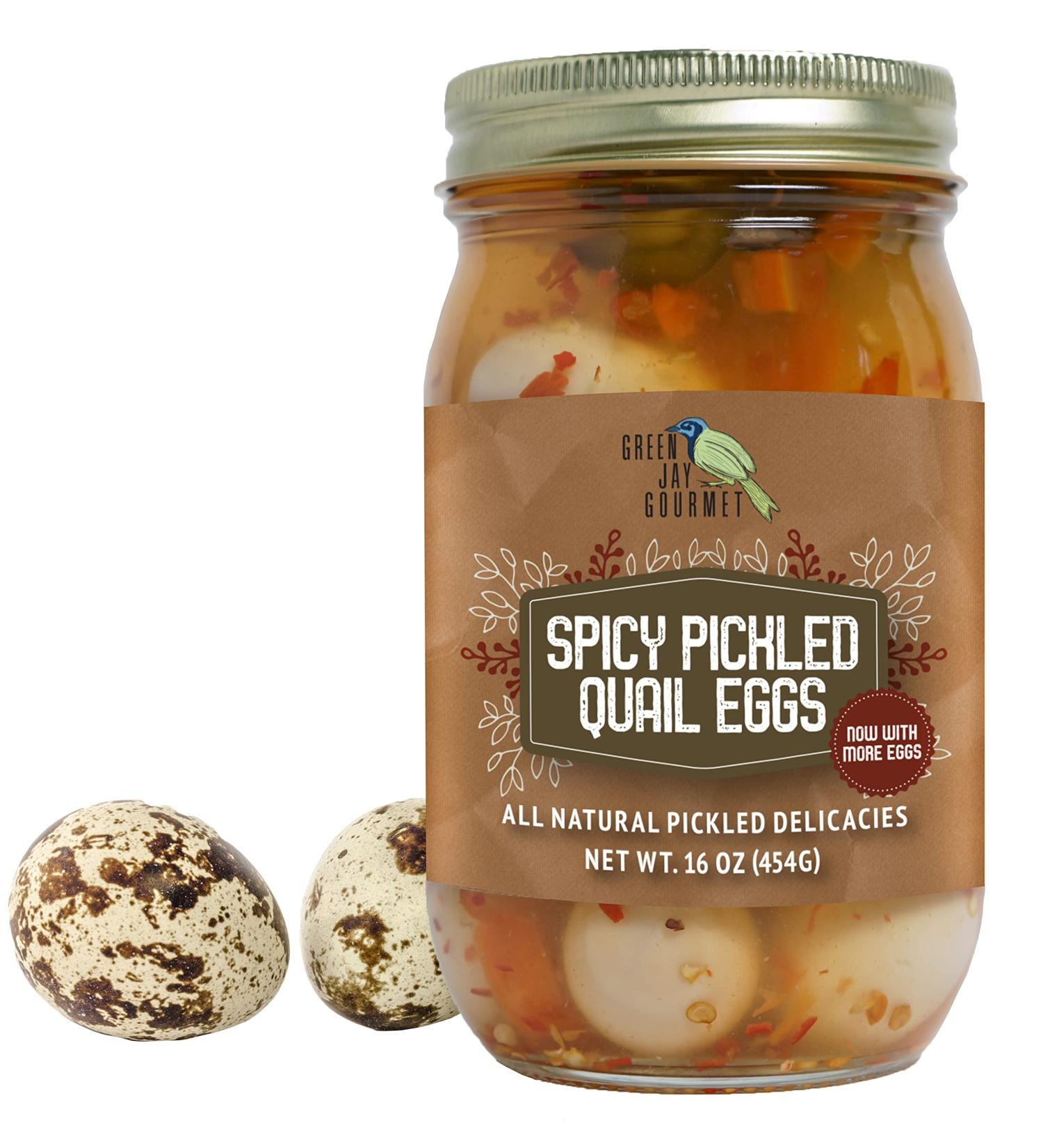 Green Jay Gourmet Spicy Pickled Quail Eggs in a Jar  Fresh Hand Jarred for Cooking & Pantry  Full Spicy Flavor - Simple Natural Ingredients - 16 Ounce Jar Spicy 1 Pound (Pack of 1)