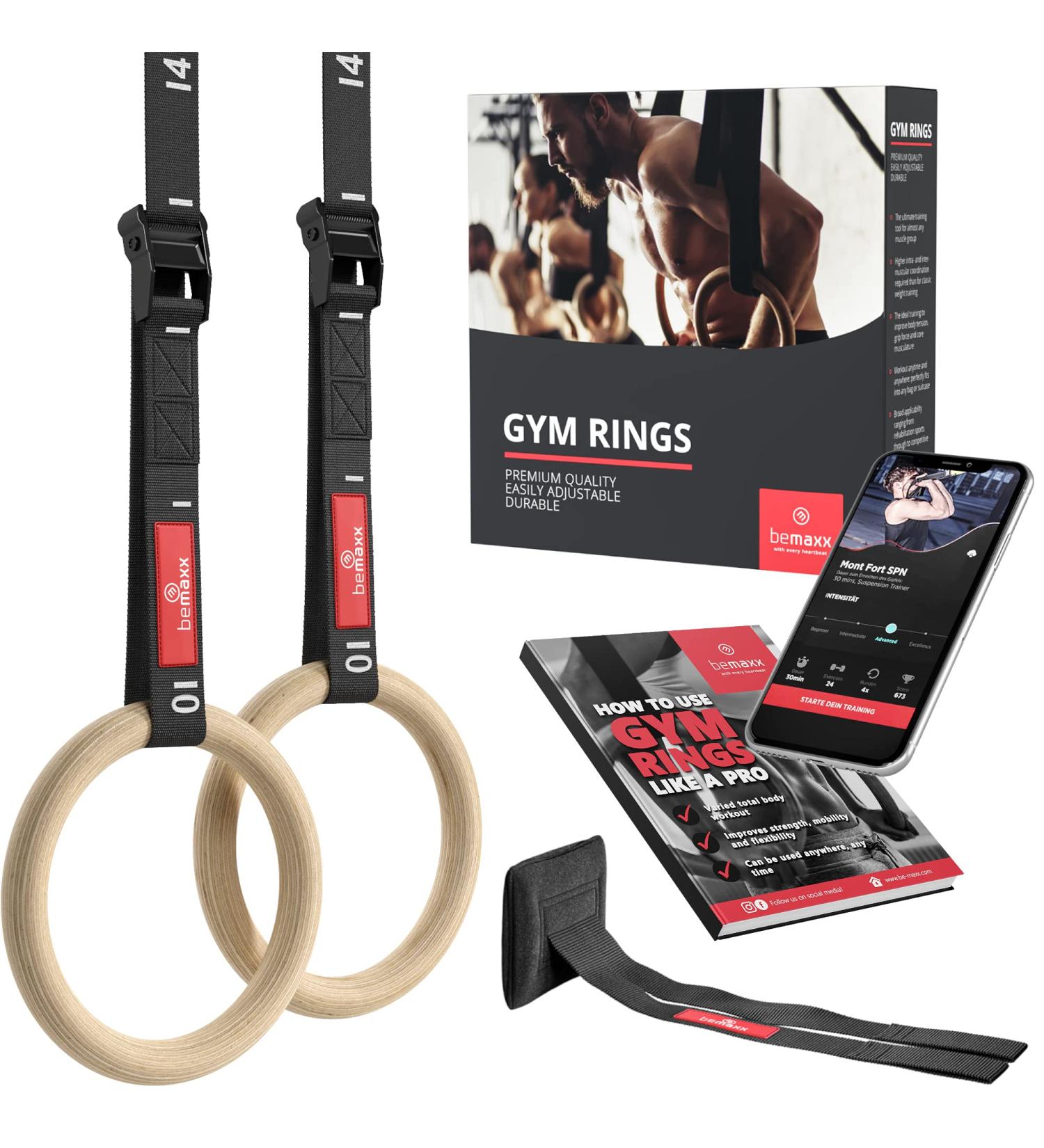 BeMaxx Wooden Gymnastic Rings Set with Door Anchor - Exercise eBook & Safety Straps | Olympic Gymnastics Athletic Fitness | Home Workout Muscle Training Rings - Buy Online on GoSupps.com