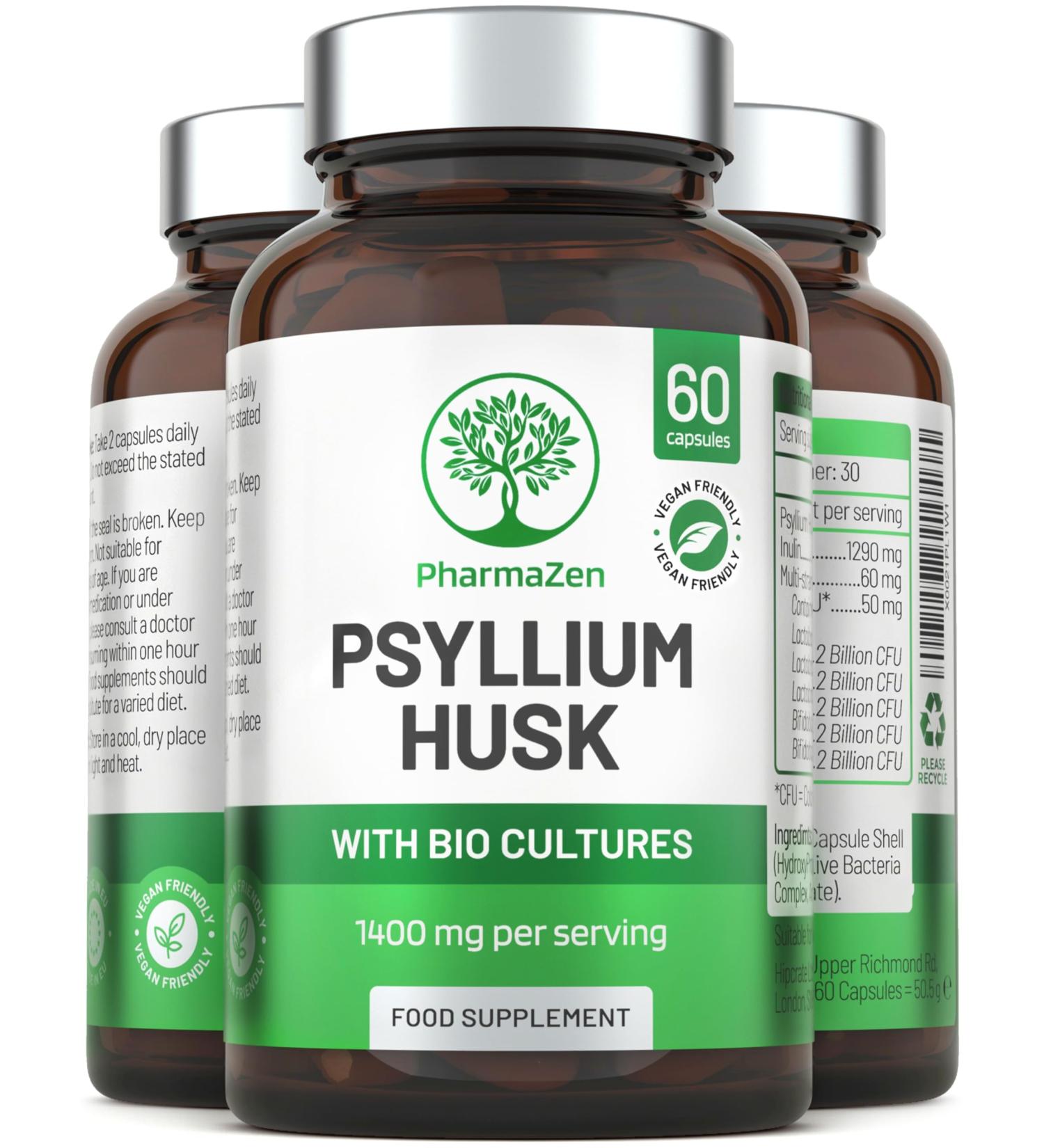 Psyllium Husks Capsules with Probiotics - High Fibre Supplement 1400mg - Soluble Fiber Tablets High Strength - 60 Capsules - Pure Psyllium Husk & 6B Acidophilus Probiotic Complex for Digestive Support - Buy Online on GoSupps.com