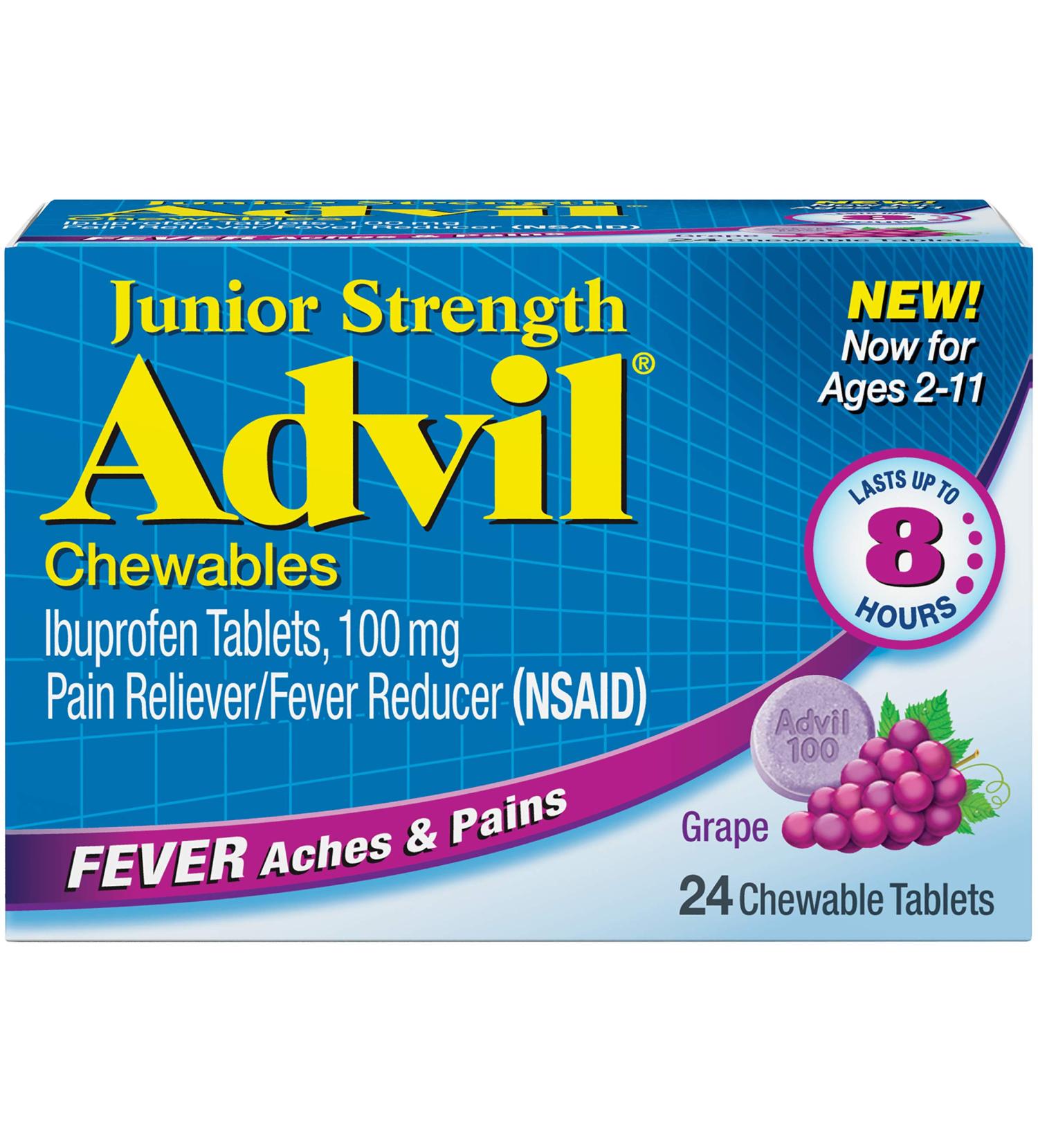 Advil Chewable Tablets Junior Strength 100 mg Grape 24 ea - Fast-Acting Pain Relief for Kids - Buy Online on GoSupps.com