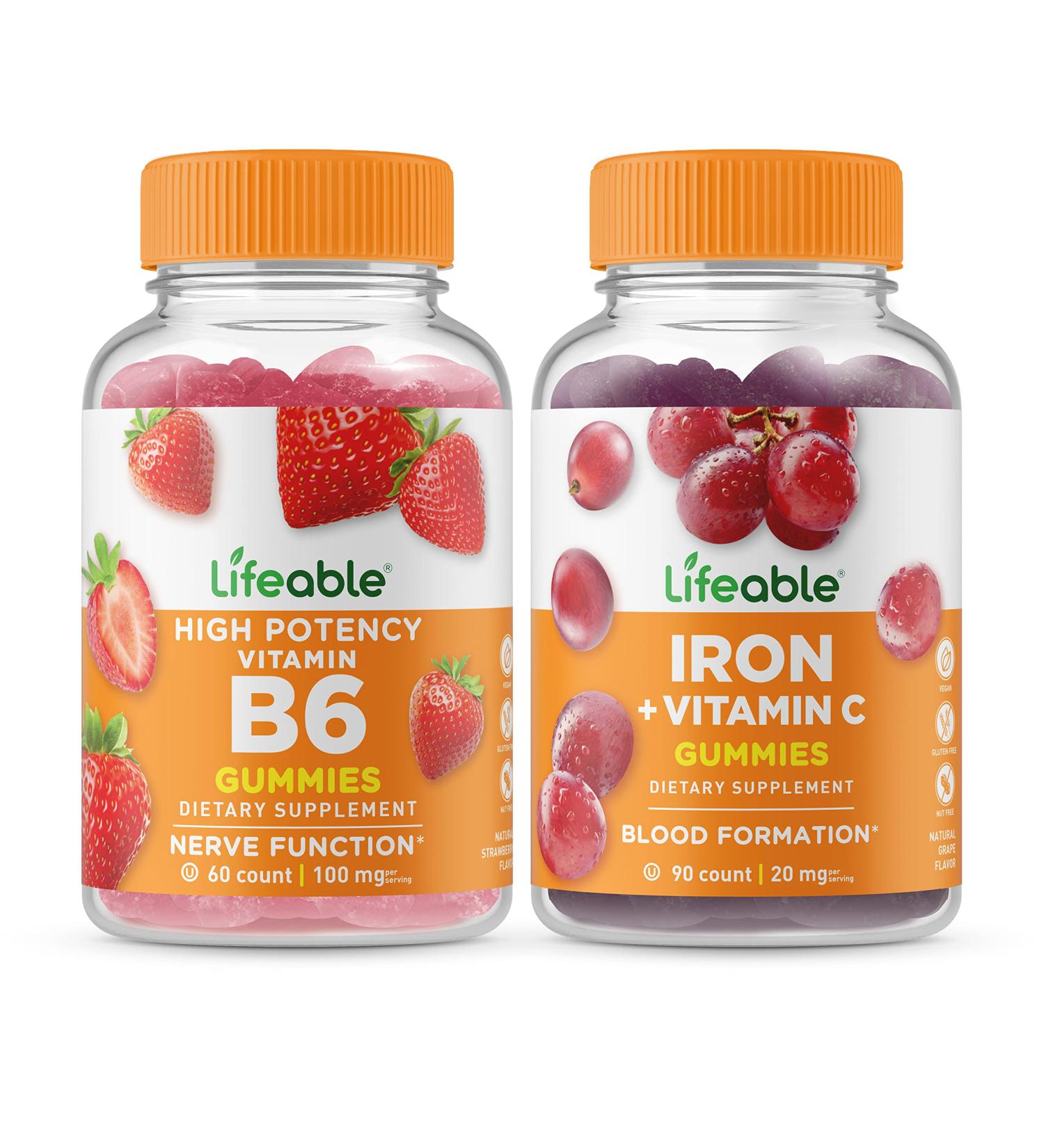 Lifeable Vitamin B6 + Iron with Vitamin C Gummies Bundle - Great Tasting Vitamin Supplement Gluten Free GMO Free Chewable - Buy Online on GoSupps.com