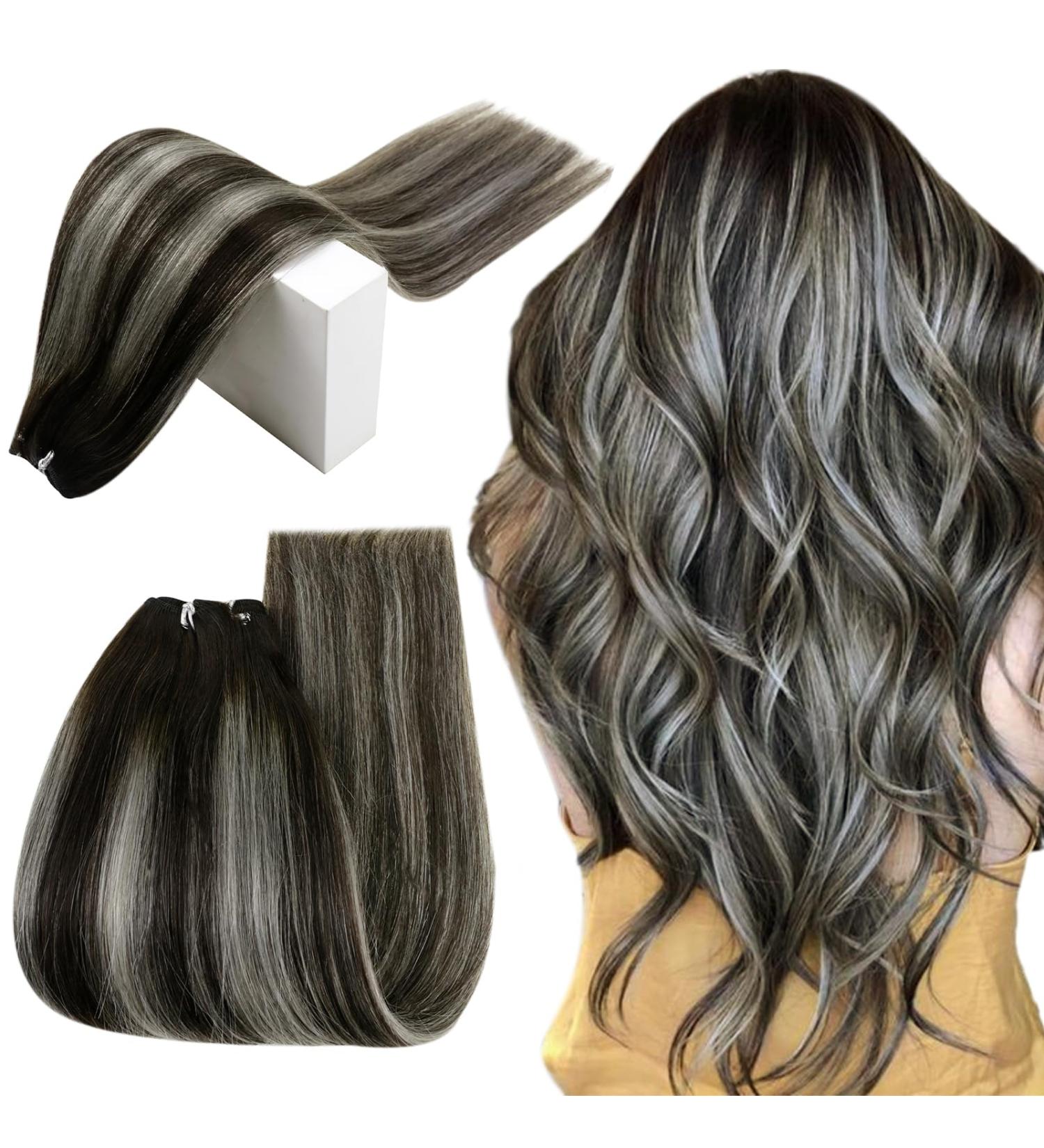 Runature Balayage Real Hair Extensions - 50cm Remy Human Hair Black Silver Ombre 100g Sew-In Weave for Smooth Texture - Buy Online on GoSupps.com
