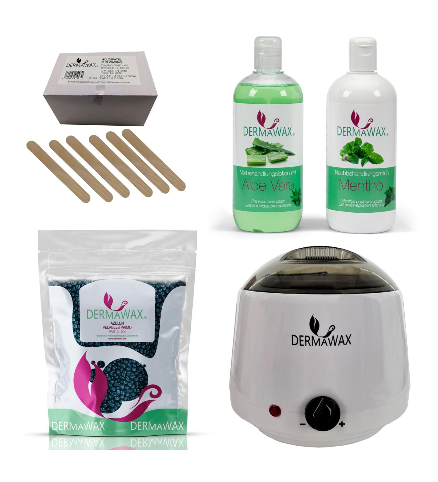 Profi Waxing Set | Dermawax 1000 ml Wax Device | Made in Spain | 1 kg Wax 500 ml Aloe Vera Lotion & 500 ml Menthol Milk | 200 Wood Spatulas | International Shipping - Buy Online on GoSupps.com