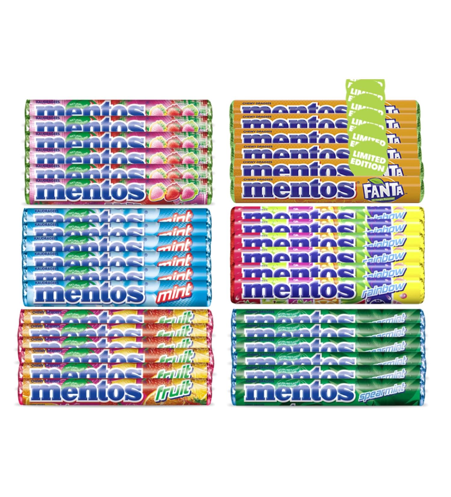 Mentos Kaubonbon Bundle - 36 Pieces | All 6 Varieties: Mint Spearmint Strawberry Mix Rainbow Fruit Fanta - Buy Online at Blatant Shopping - Buy Online on GoSupps.com