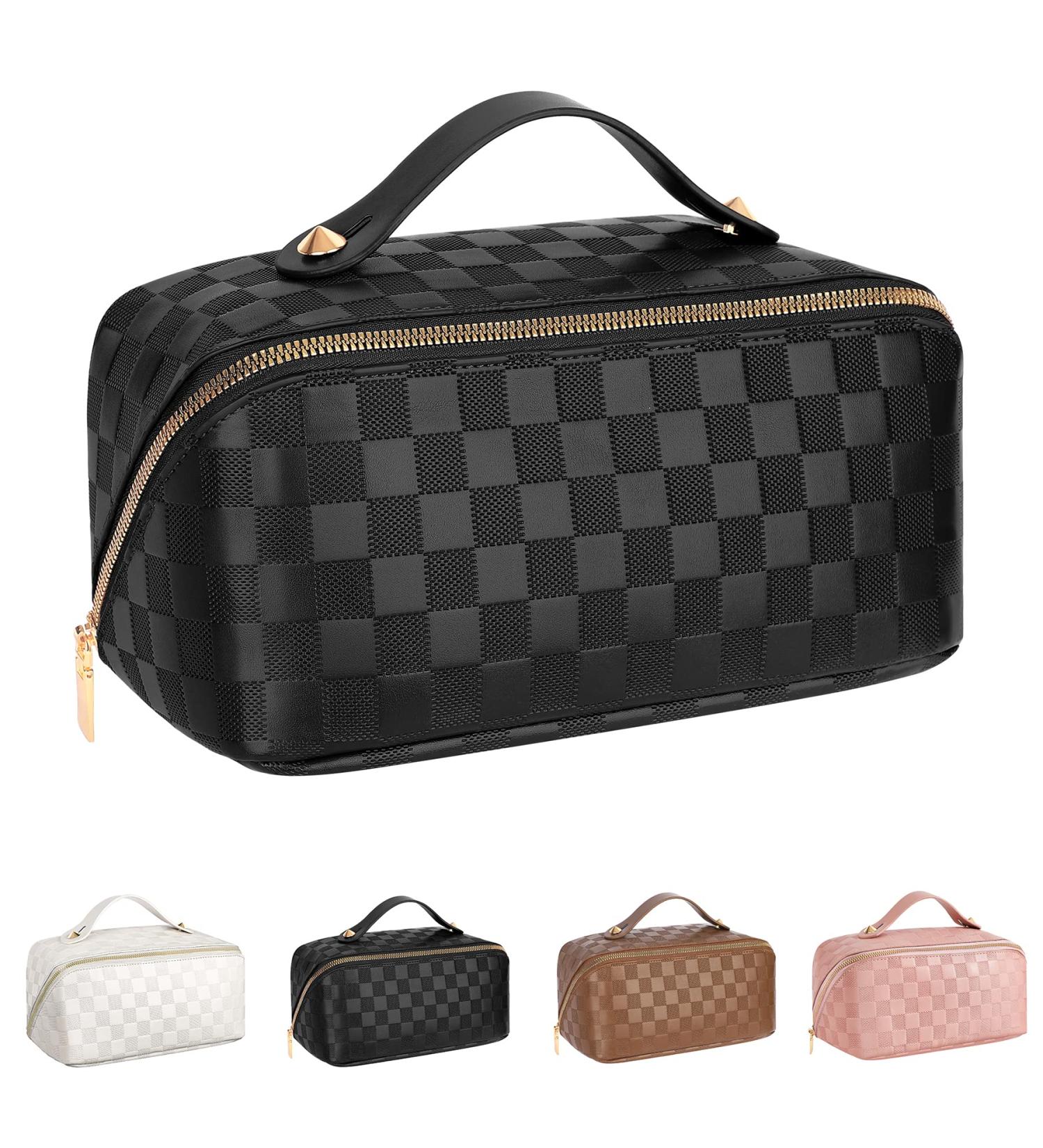 Large Capacity PU Leather Travel Cosmetic Bag - Waterproof Makeup Organizer with Dividers and Handle - Black - Buy Online on GoSupps.com