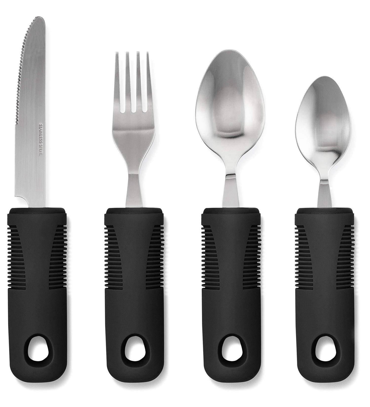Adaptive Utensils 4-Piece Kitchen Set for Hand Tremors, Arthritis, Parkinson's and Elderly | Non-Weighted, Non-Slip Handles | Stainless Steel Knife, Fork, Spoons (Black) - Buy Online on GoSupps.com